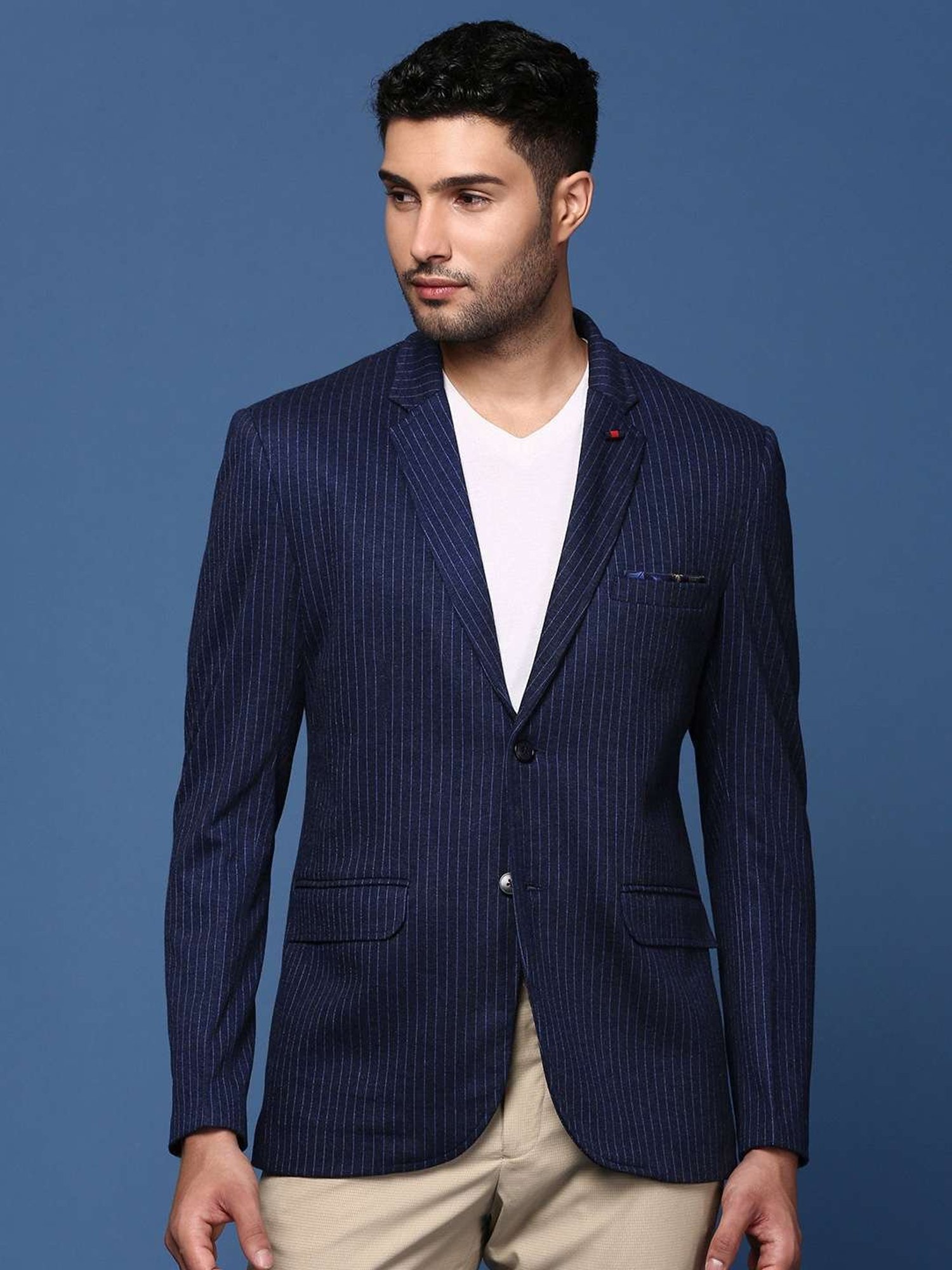 Showoff Navy Cotton Slim Fit Striped Blazer
