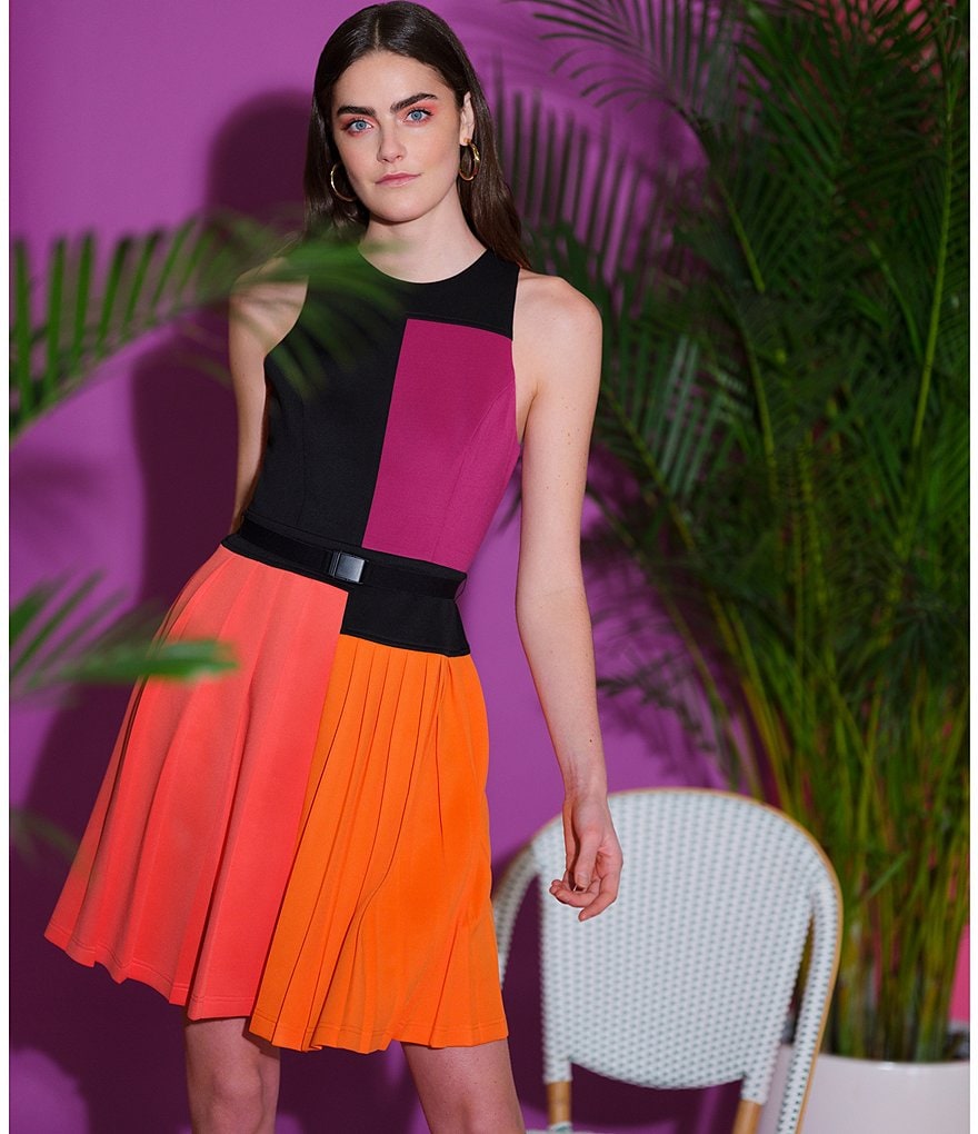 LDT Brielle Sleeveless Colorblock Round Neck Pleated Racer Dress