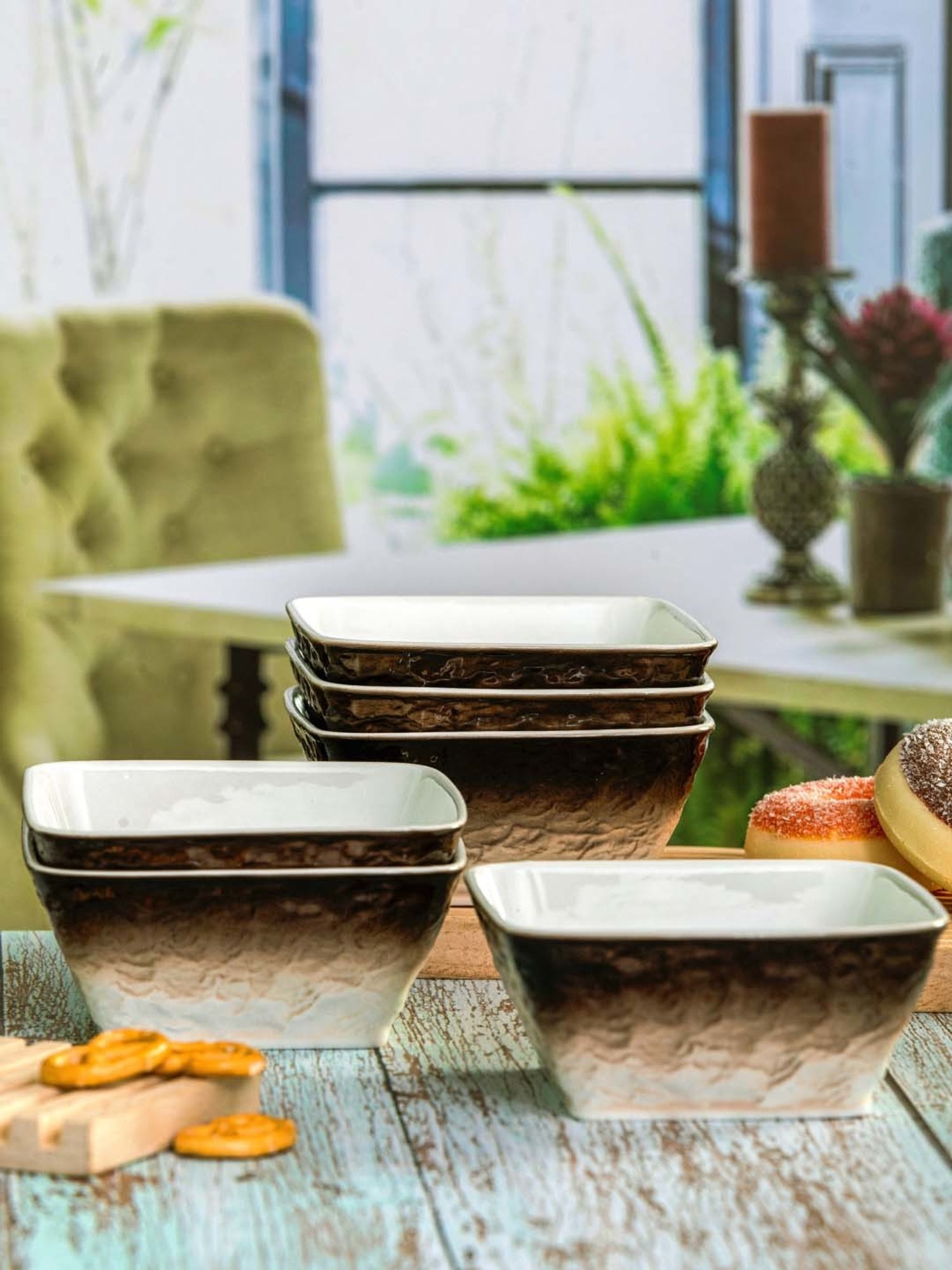 White Gold White & Brown Porcelain Bowls - Set of 6