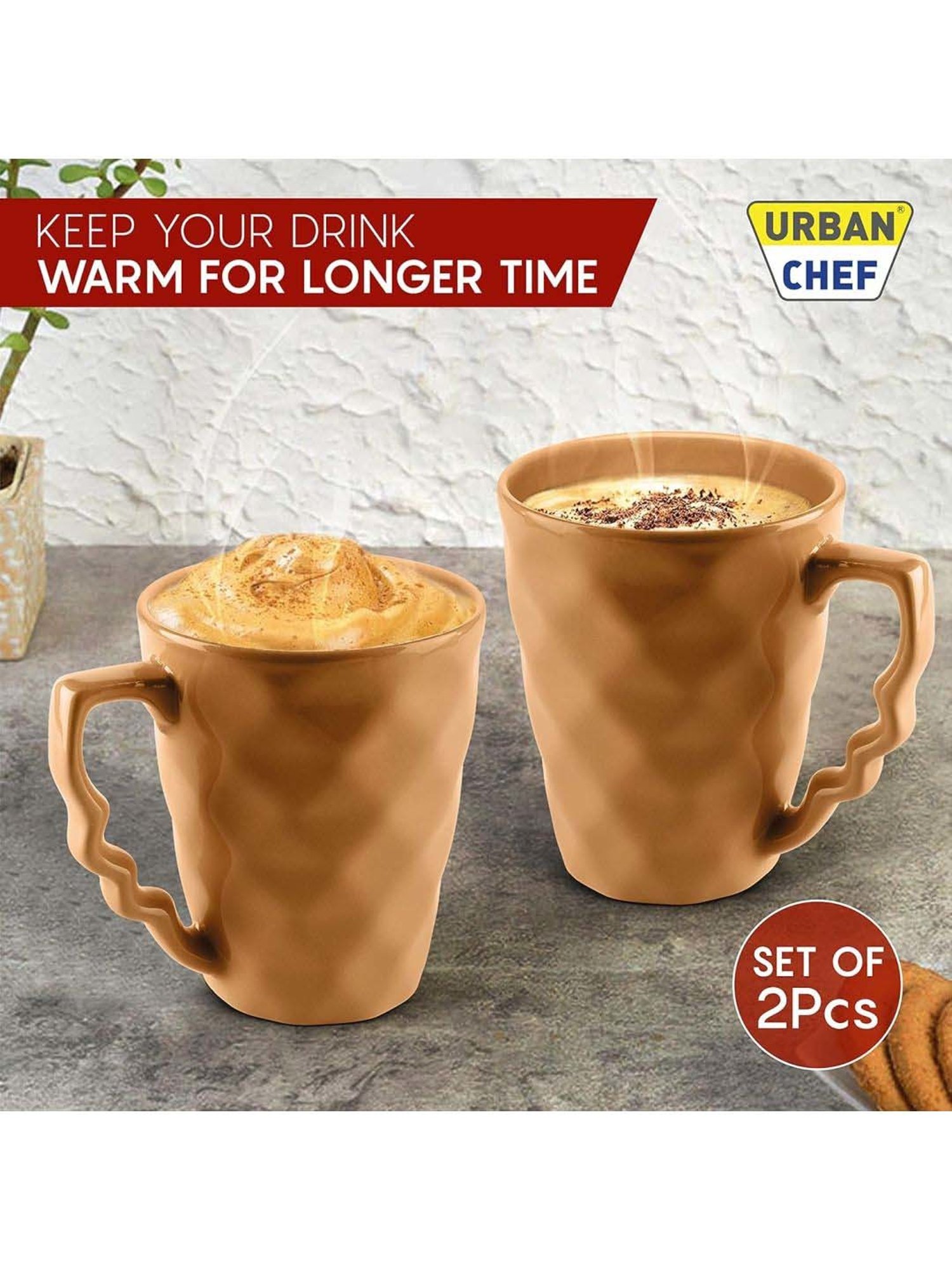 Urban Chef Brown Ceramic Prism Microwave Safe Coffee Mug With Handle (0.225 L) - Set of 2