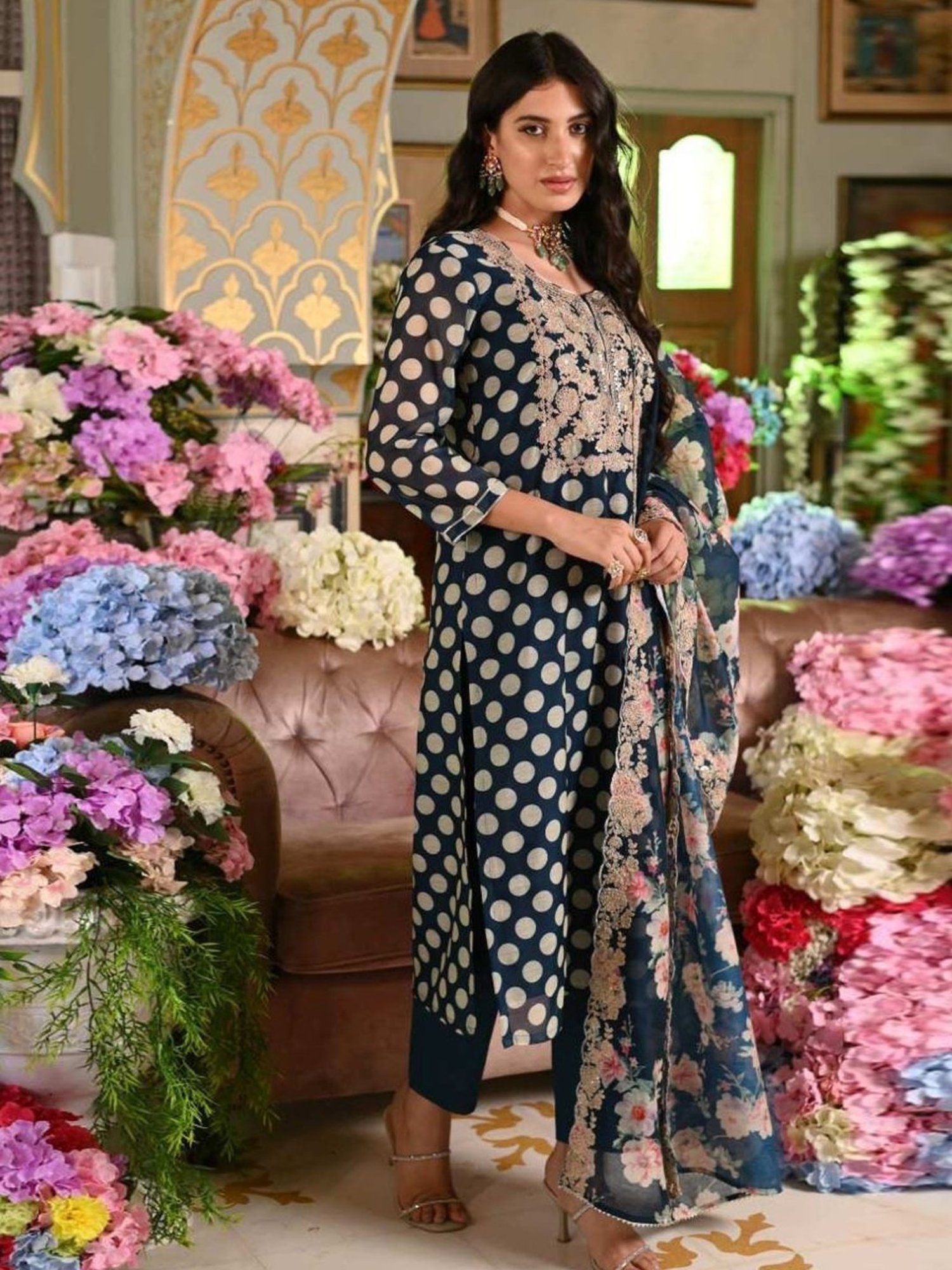 Mahee Jaipur Blue Polka Dot Chanderi Kurta with Pant and Dupatta