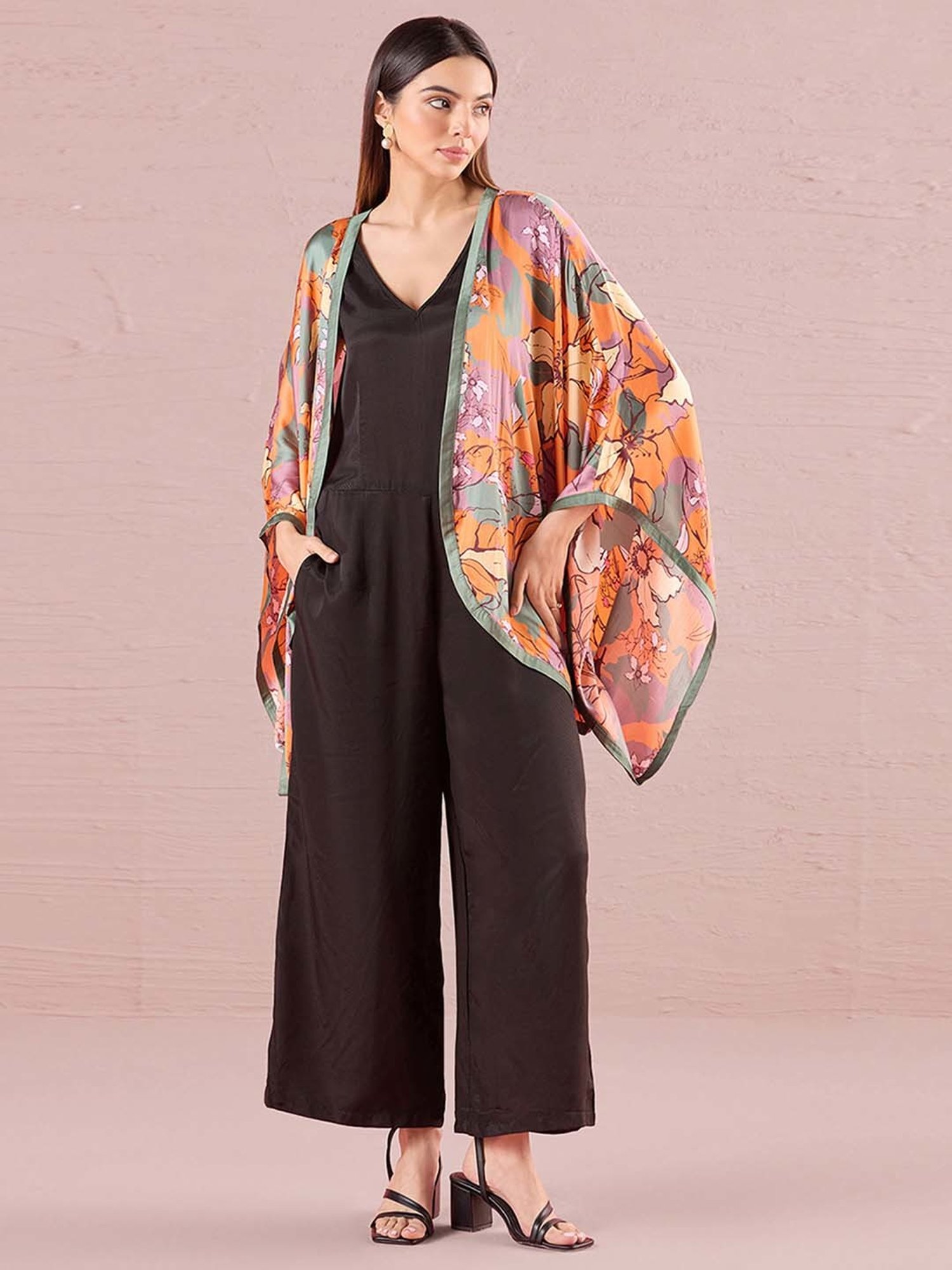 navyasa by liva Black & Orange Printed Jumpsuit With Shrug