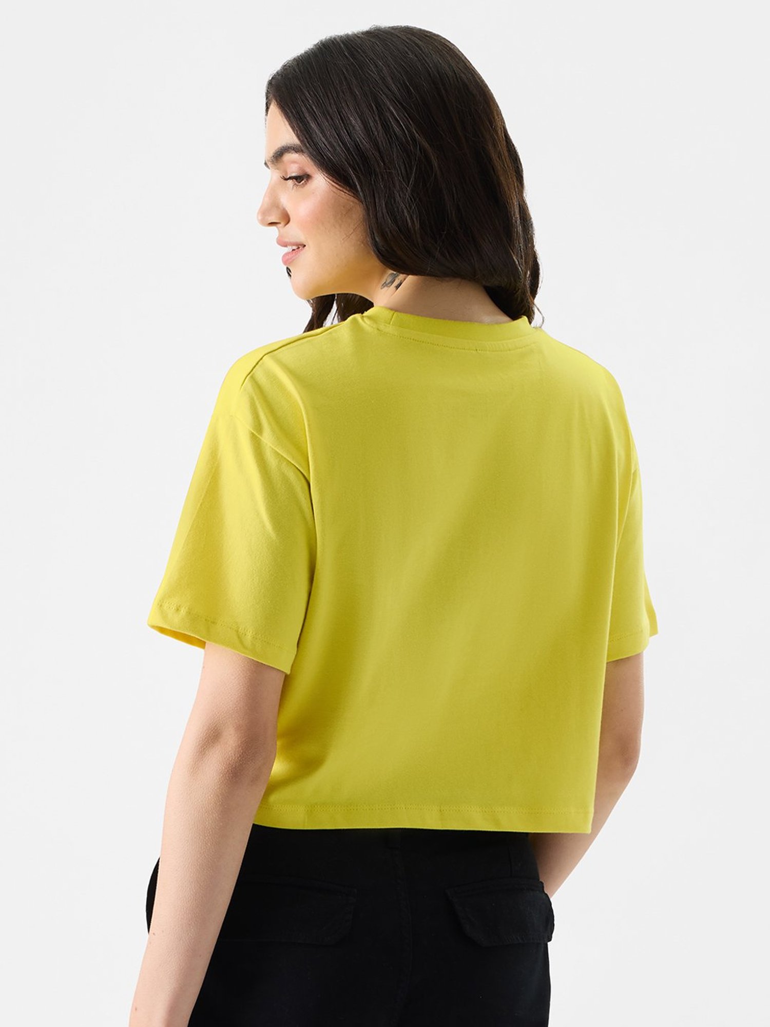 The Souled Store Yellow Cotton Printed Crop T-Shirt