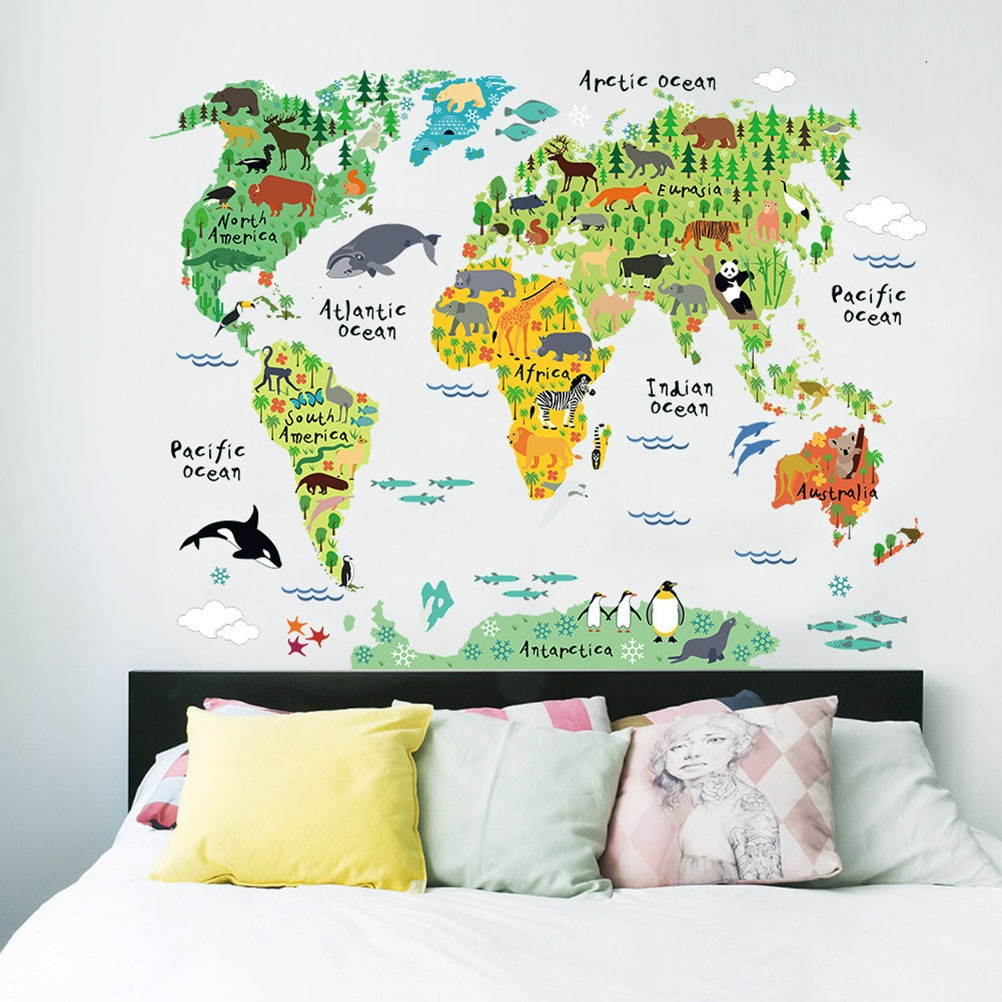 2pcs Animal World Map Sticker Chic Wallpaper Unique Wall Decal Decorative Sticker for Kids Room Home