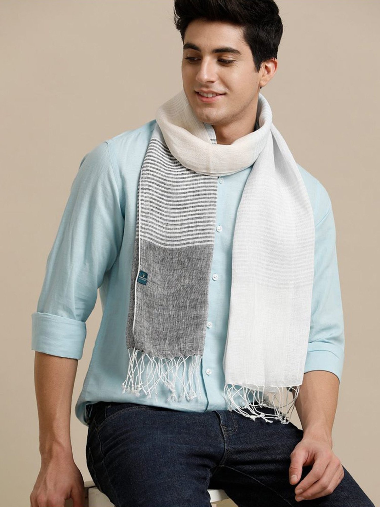 Linen Club Grey Striped Pure Linen Stole