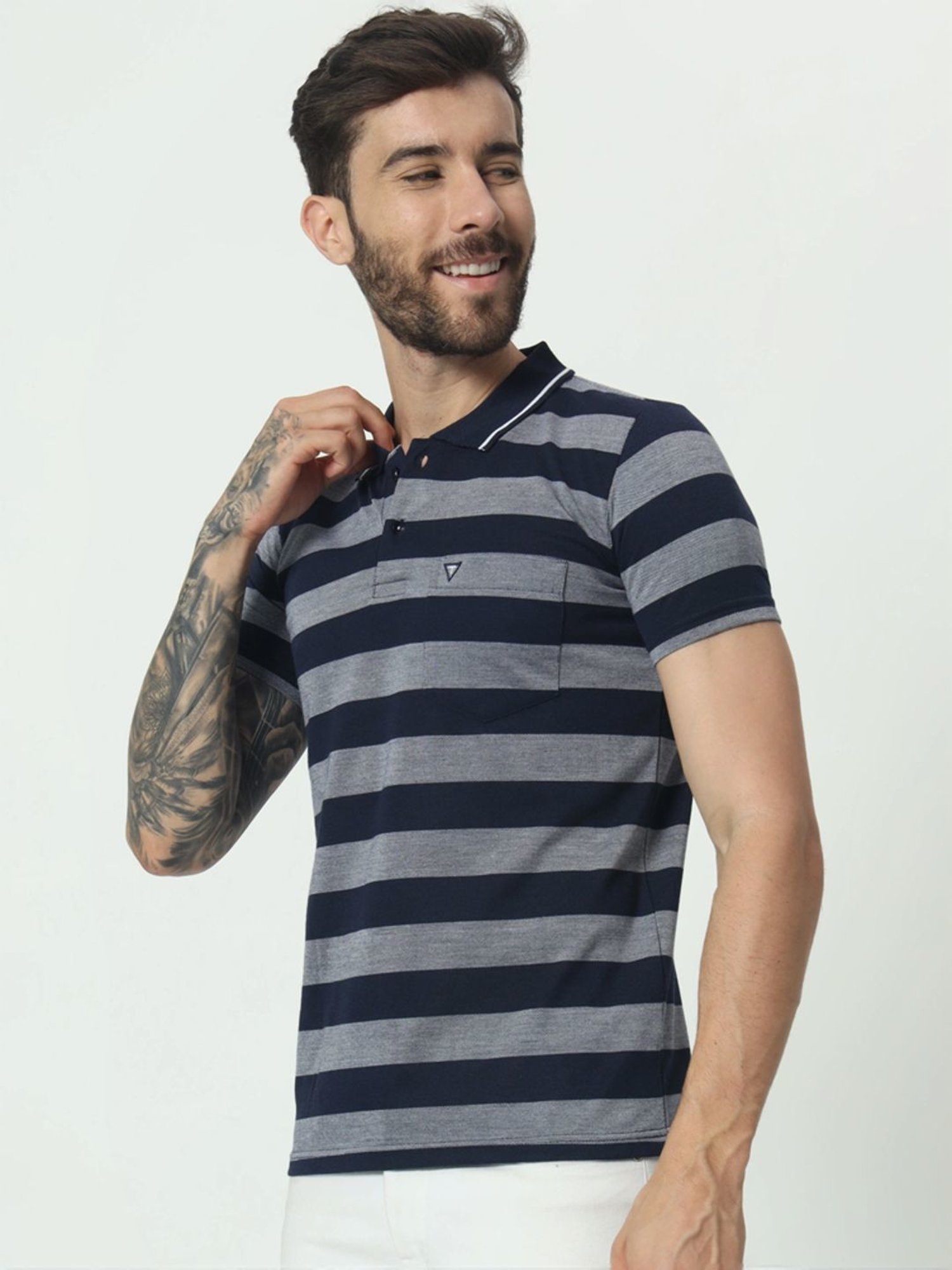 Tab91 Blue Regular Fit Striped Polo T-Shirts