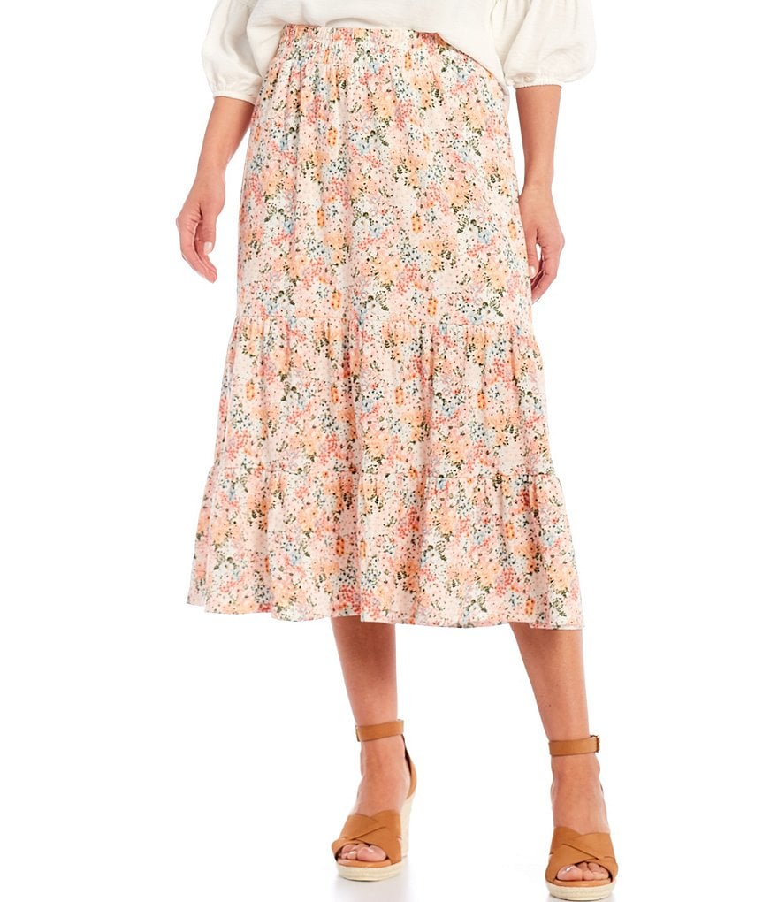 I.N. Studio Romantic Ditsy Floral Print Pucker Knit Tiered Midi Skirt
