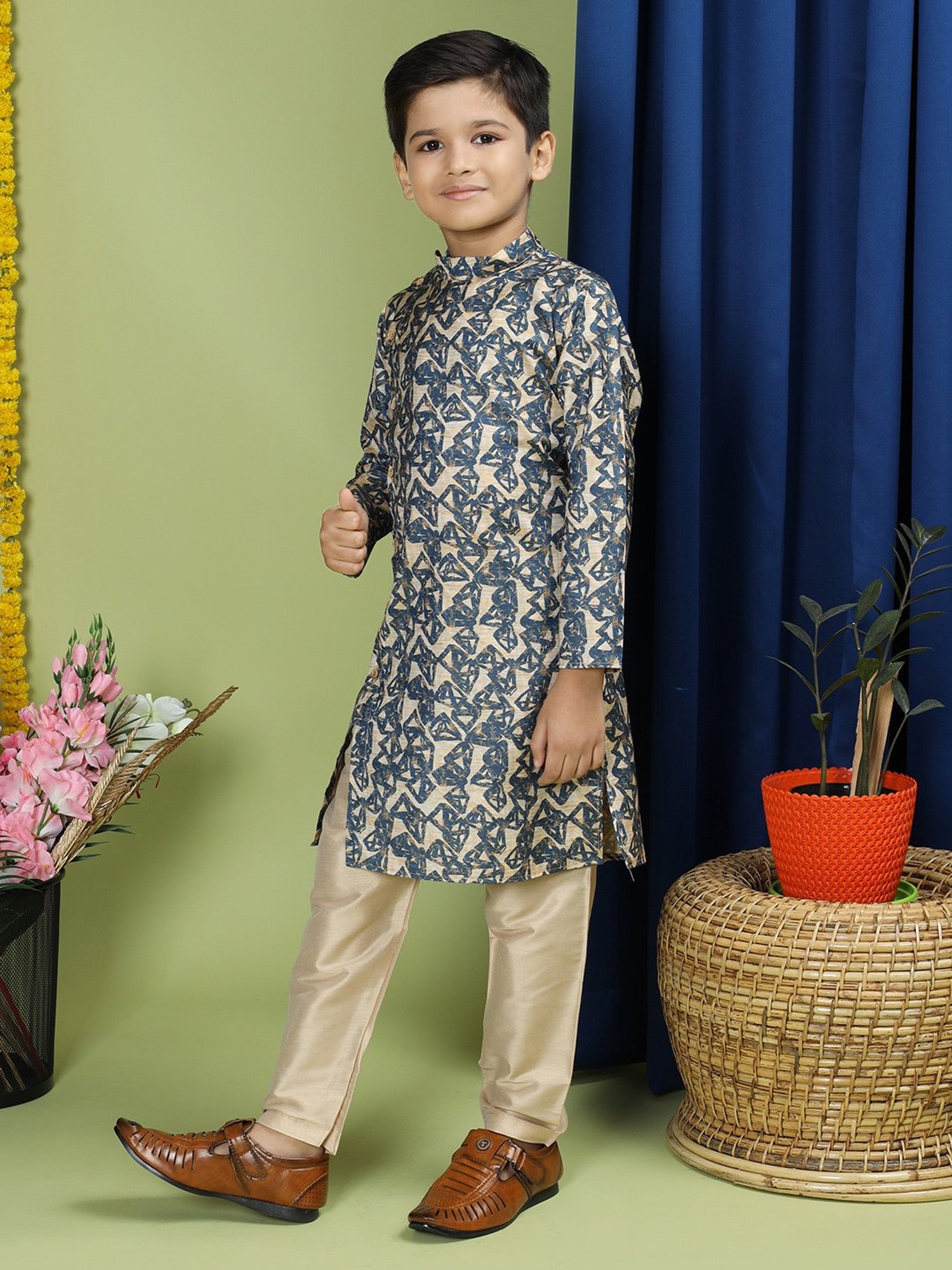 VASTRAMAY Boys Yellow & White Cotton Printed Full Sleeves Kurta Sets