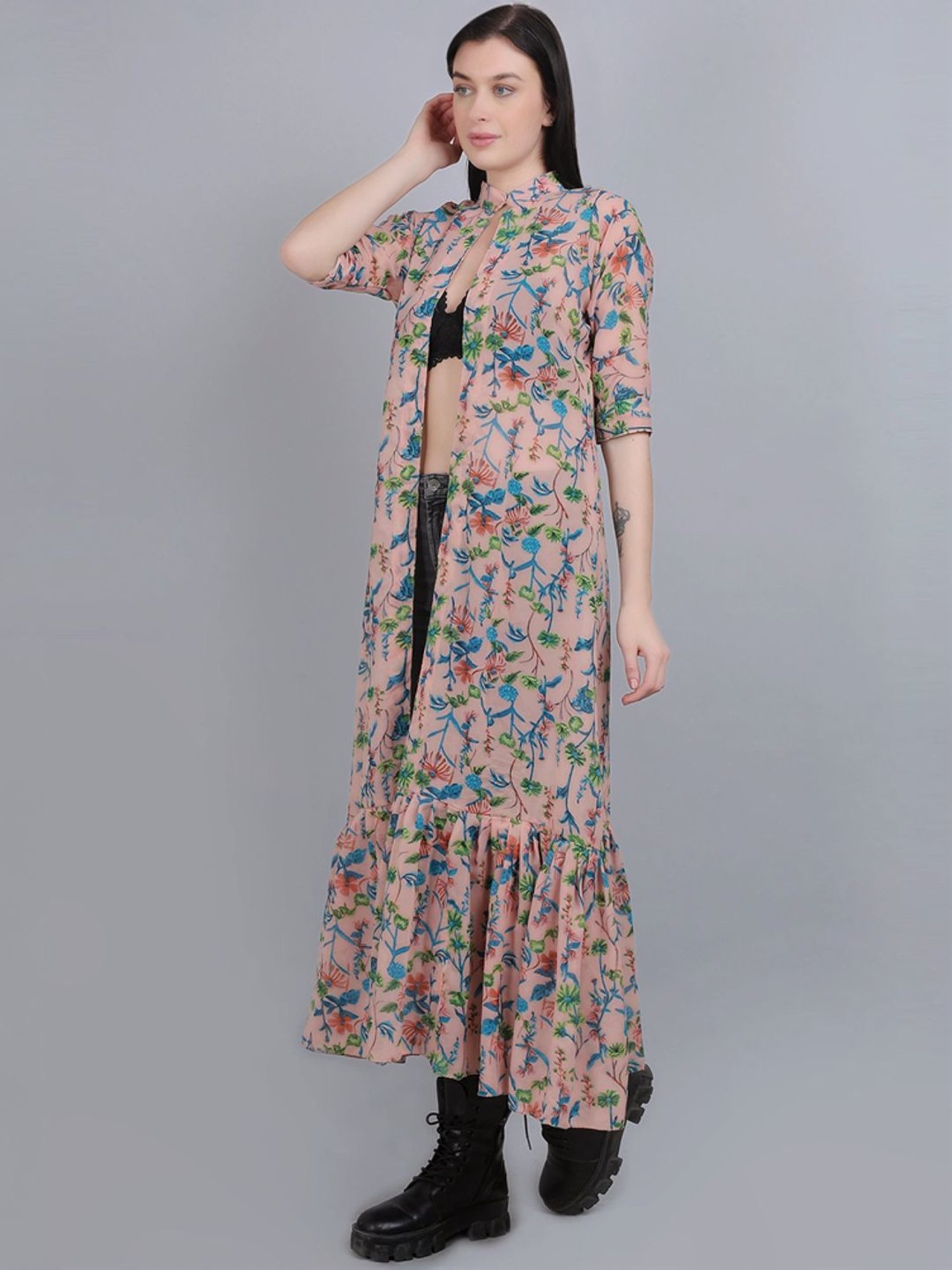 mod & shy Peach Printed Long Shrug