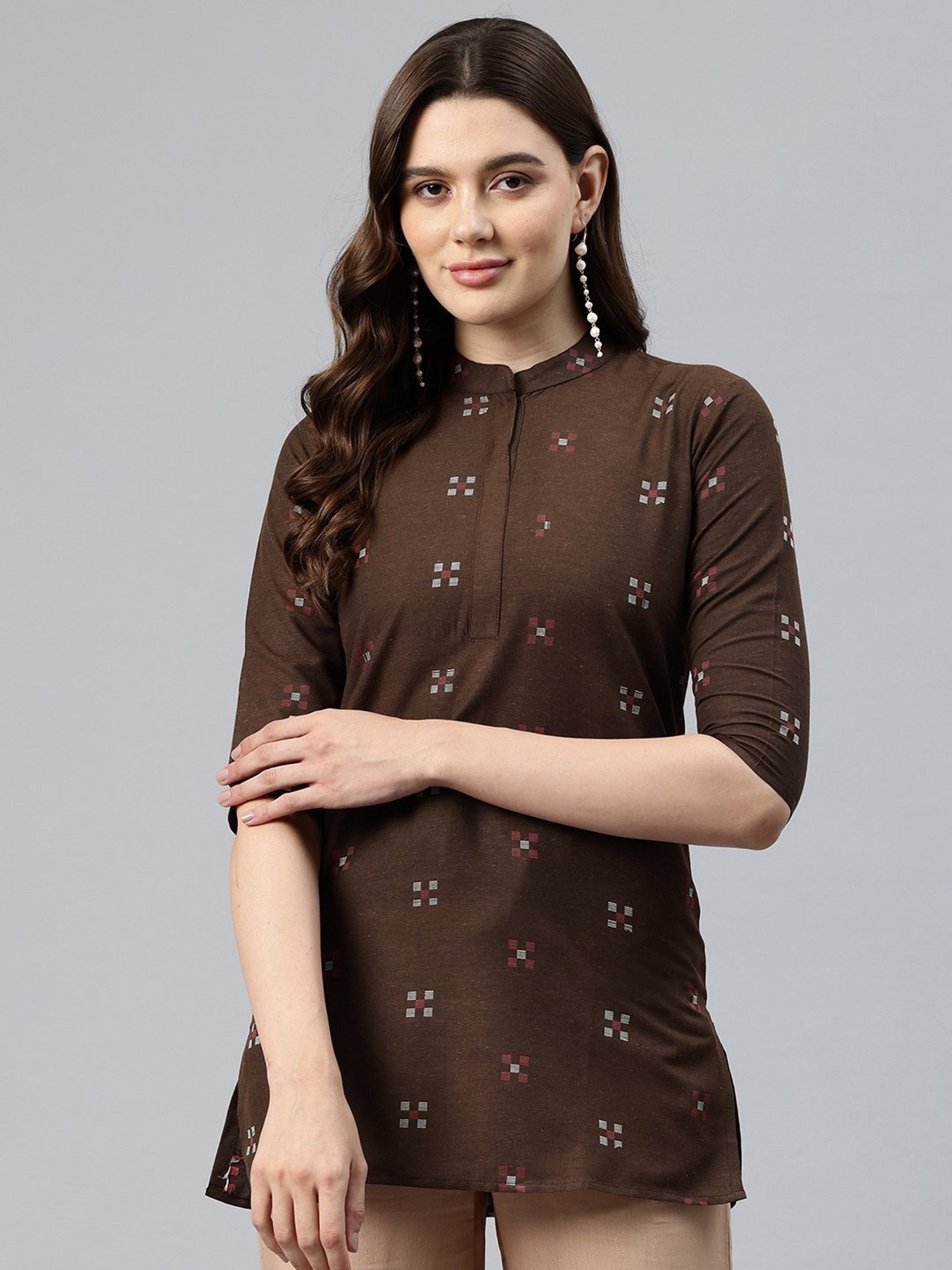 One Femme Brown Cotton Embroidered A Line Kurti