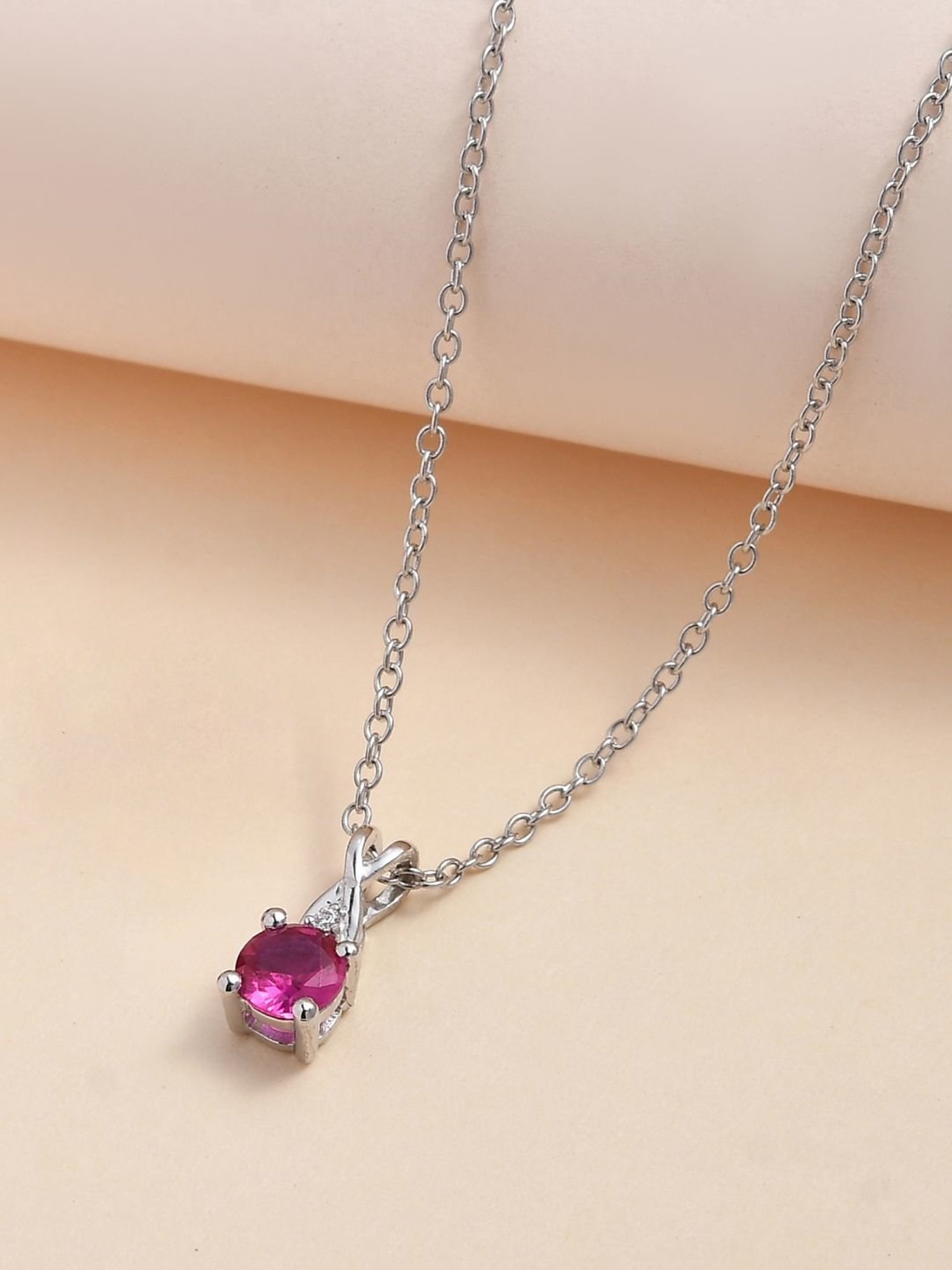 Ornate Jewels 925 Silver Red Ruby and American Diamond Solitaire Pendant with 18-inch Chain