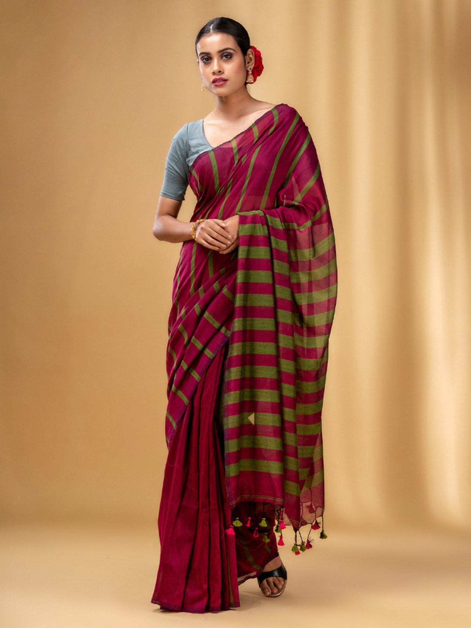 CHARUKRITI Fuchsia Pink & Green Cotton Striped Saree With Unstitched Blouse