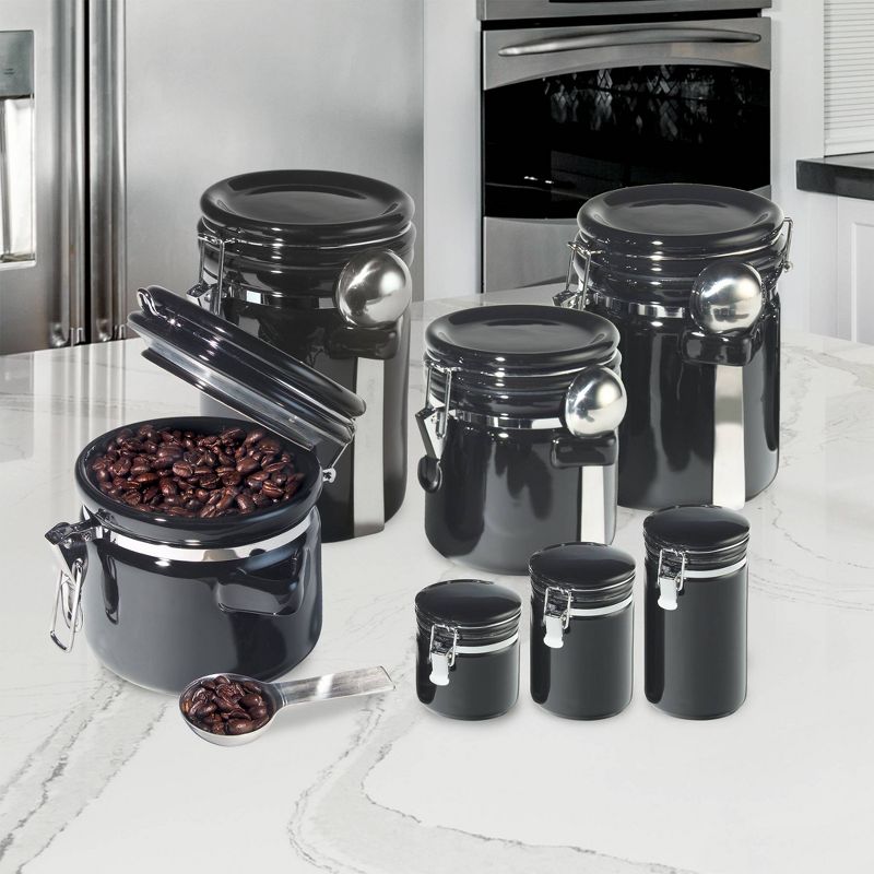 Oggi 7 Piece Round Ceramic Canister Set with Spoons - Black