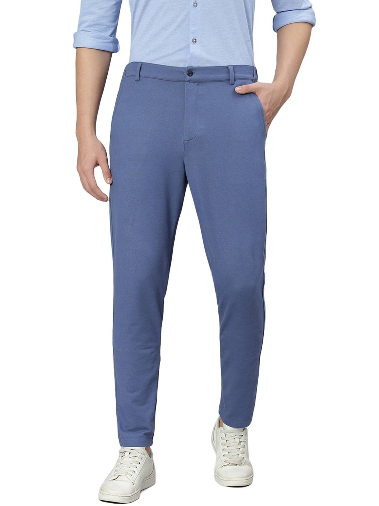 Slowave Light Blue Regular Fit Denim Flat Front Trousers