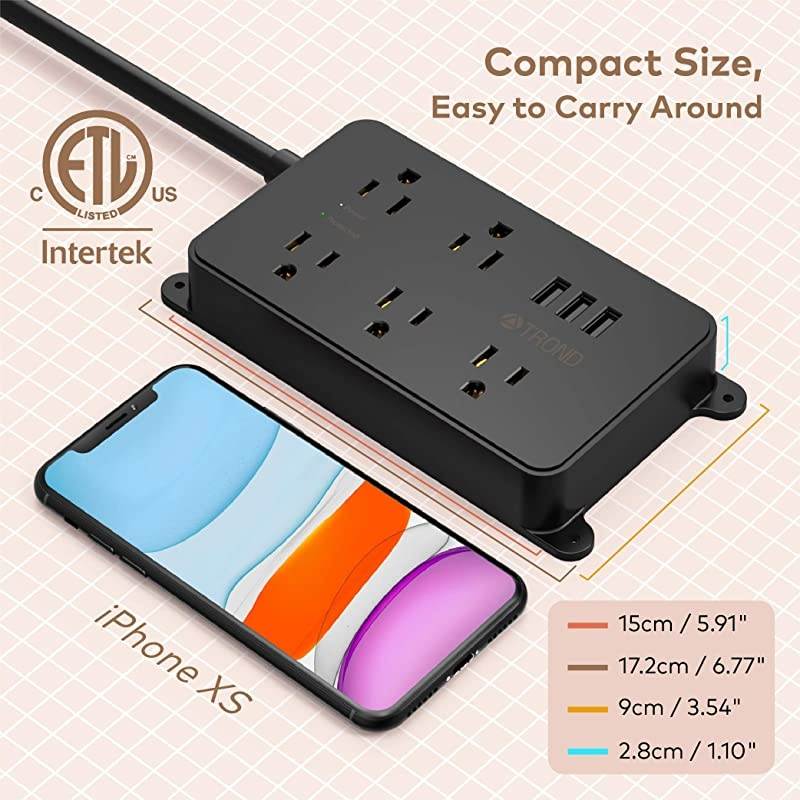 Power Strip with USB  Surge Protector Flat Plug with 5 WidelySpaced Outlets ETL Listed 1300 Joules Wall Mountable 5ft Extension Cord for Kitchen Garage Laundry Room Behind TV Black