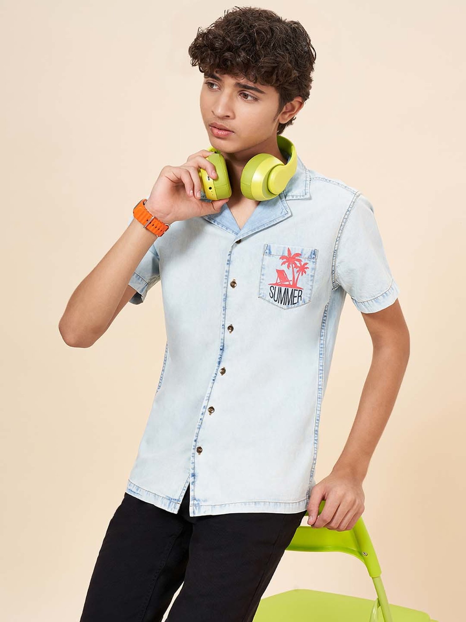 Coolsters by Pantaloons Kids Stone Blue Cotton Printed Shirt