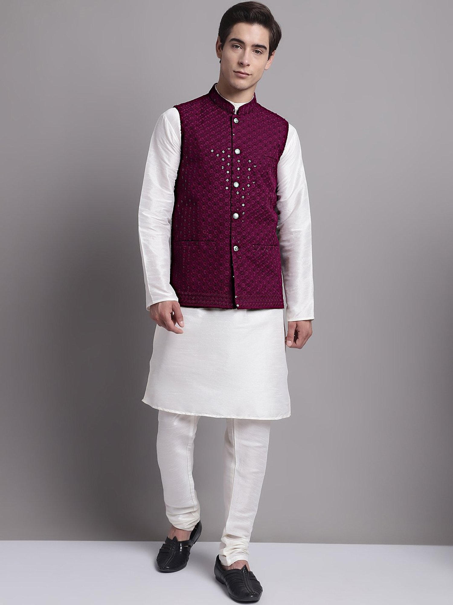 Jompers Purple Regular Fit Embroidered Nehru Jacket