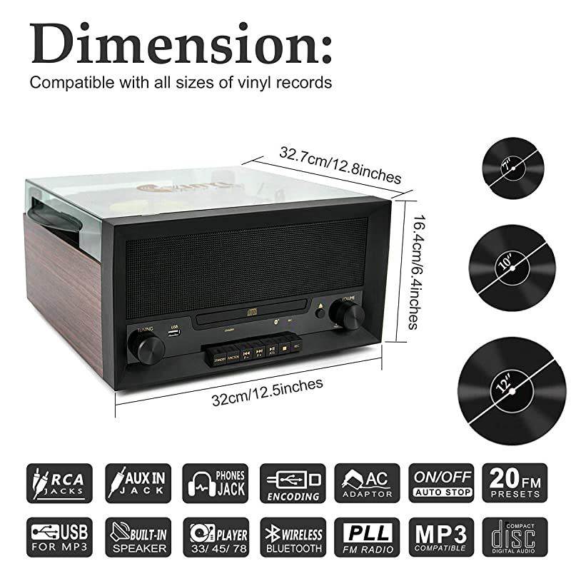 Turntable Music Center with Builtin Stereo SpeakersNostalgic Classic Wood Bluetooth Record Player with USB PlayampEncodingCD Player and FM Radio