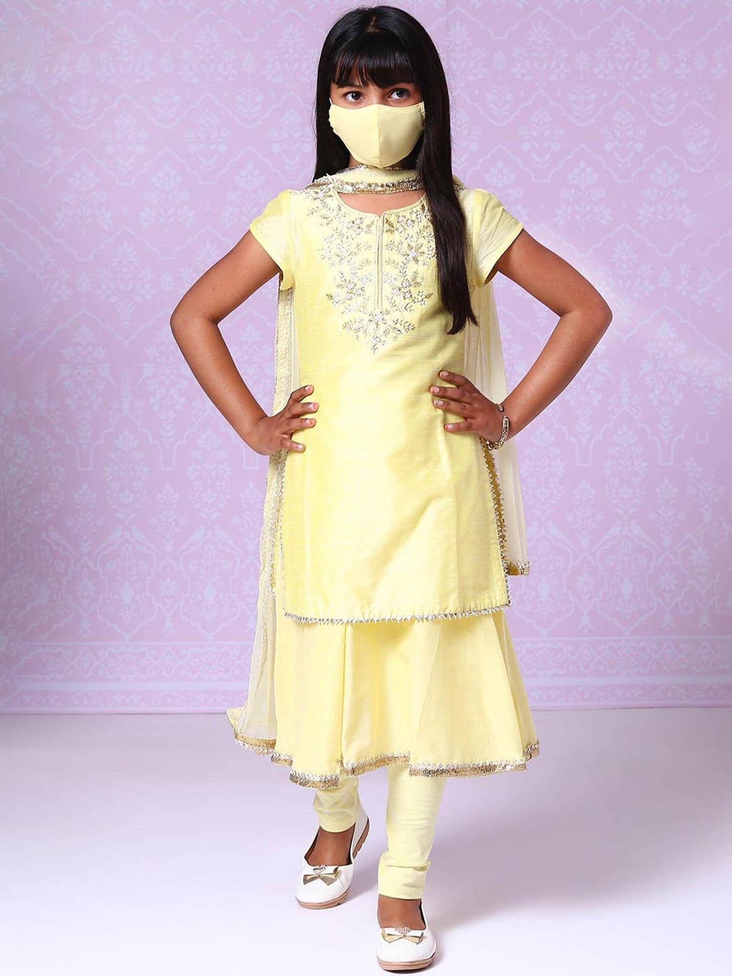 BIBA Girls Yellow Embroidered Anarkali, Leggings with Dupatta