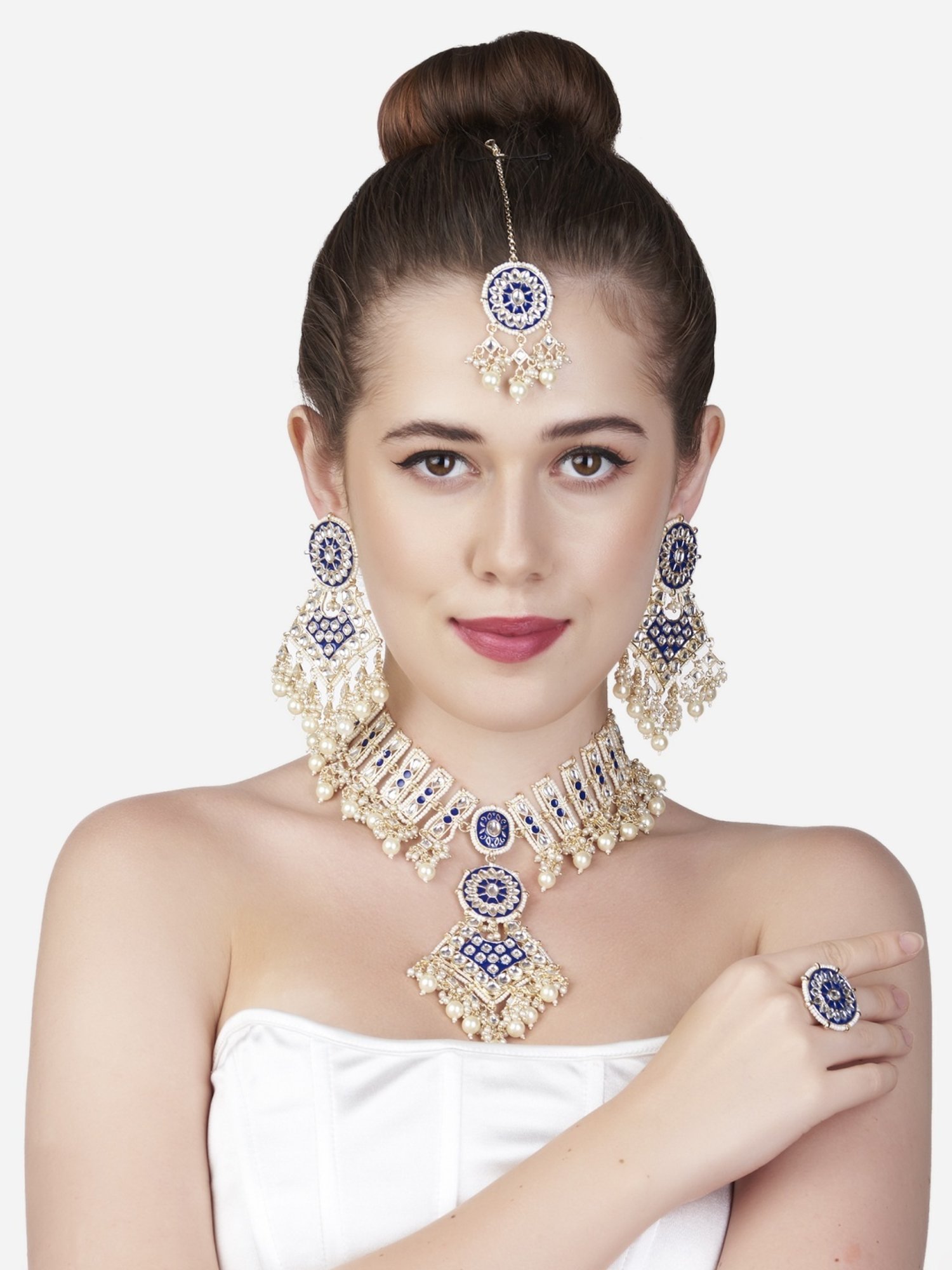 Zaveri Pearls Blue Meenakari Dazzling Kundan Necklace, Earring, Maangtikka & Ring Set