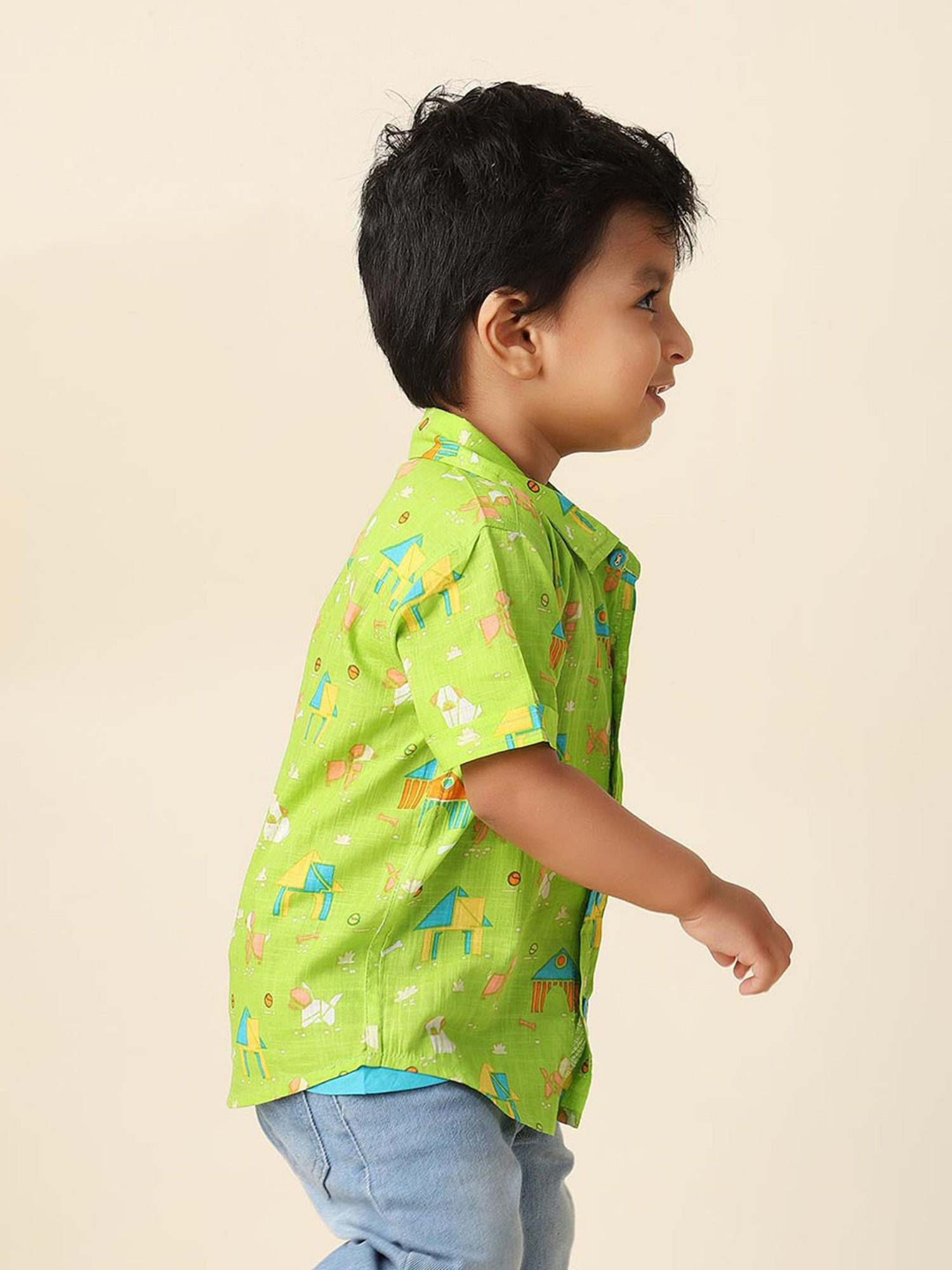 Fabindia Kids Green Printed Shirt