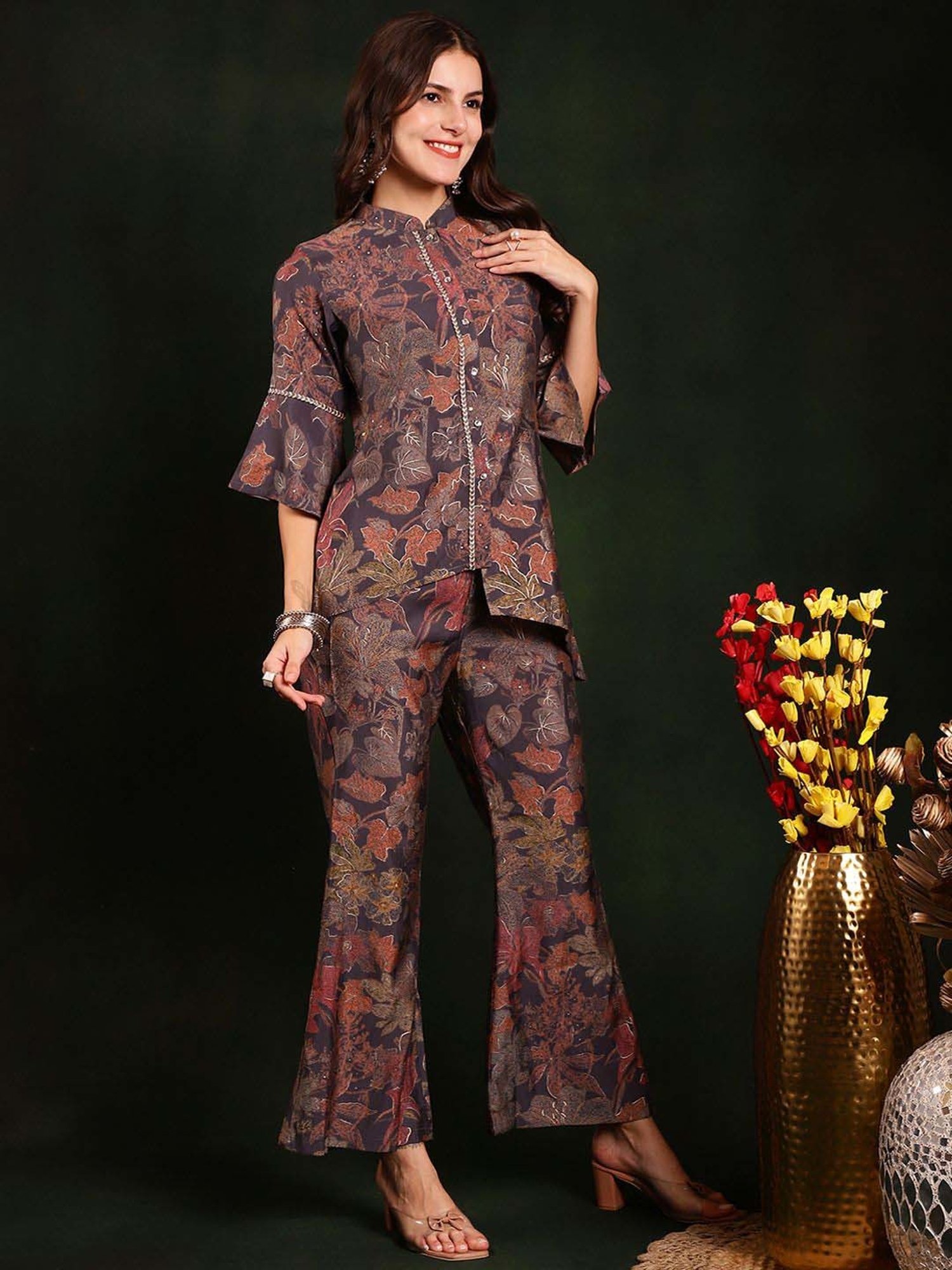 Claura Grey Printed Top Pant Set