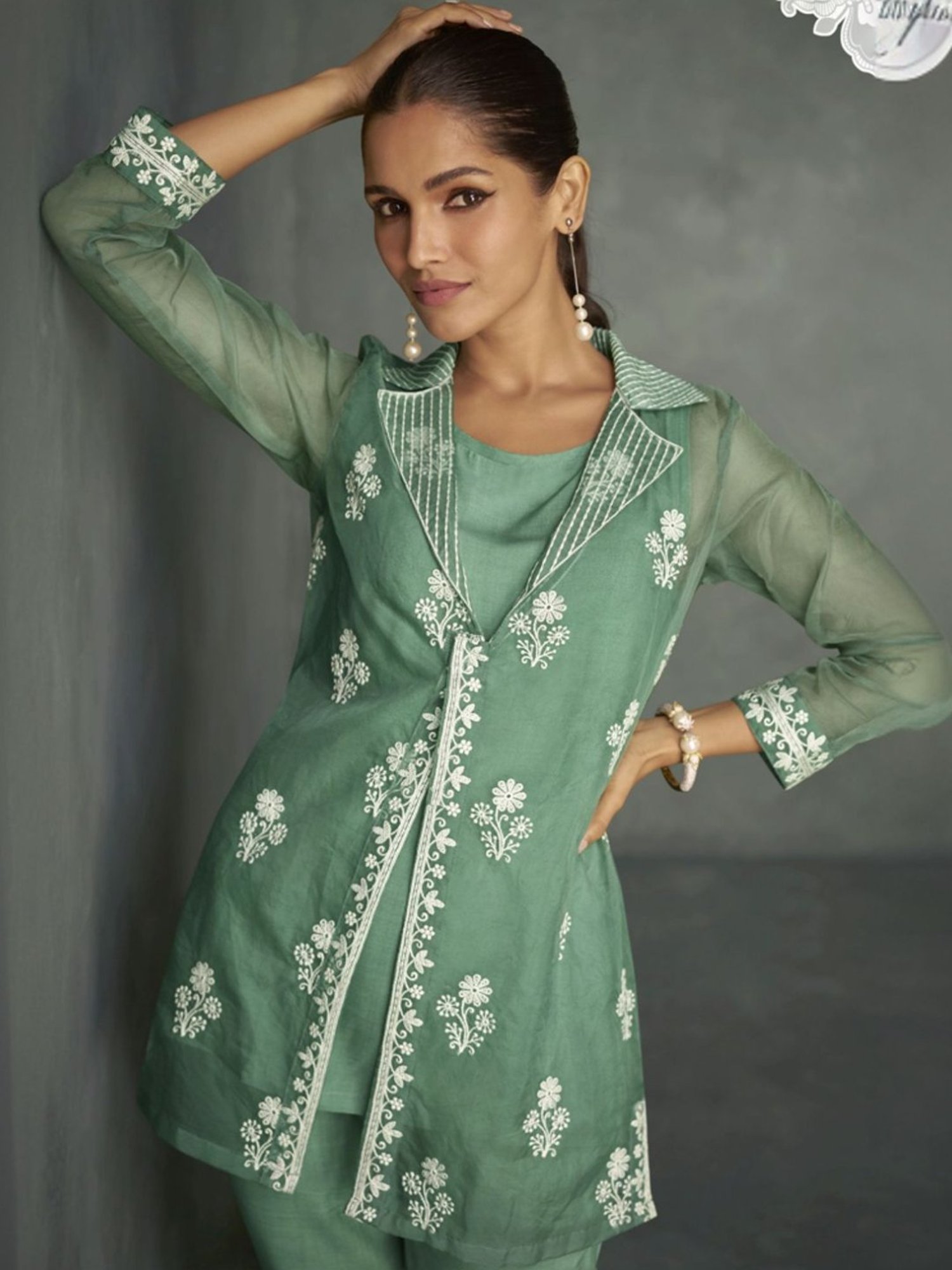 Autumnlane Green Saba Embroidered 3 Pc Jacket with Inner and Pant Co-ord Set