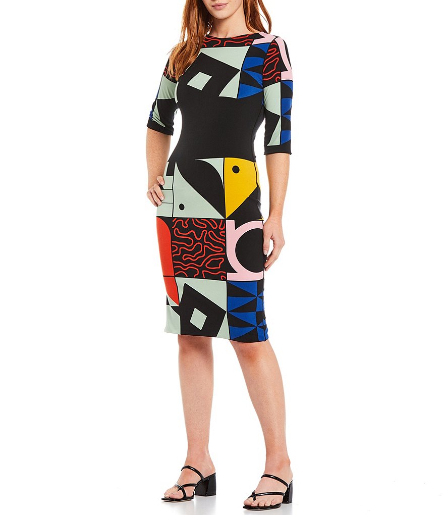 Eva Varro Abstract Geometric Patchwork Print Knit Jersey Elbow Sleeve Sheath Dress