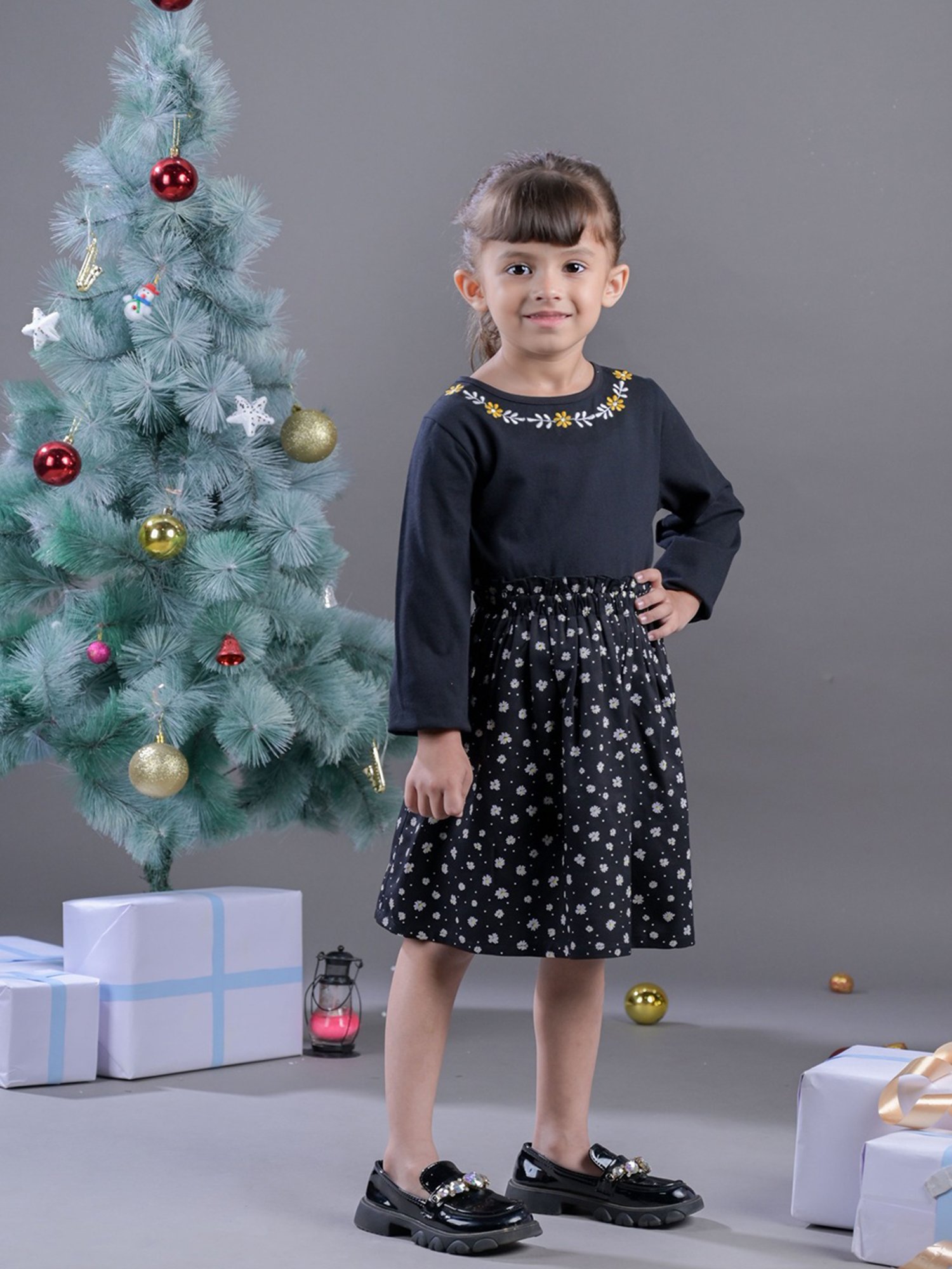 Budding Bees Kids Black Embroidered Full Sleeves Dress