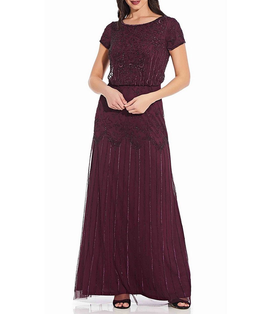 Adrianna Papell Short Sleeve Beaded Blouson Gown