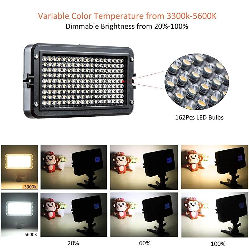 VL-162T CRI95+ LED Video Light, Portable Camera Photo Light Panel Dimmable for DSLR Camera Camcorder with Battery, Charger, High Brightness, 3300K-5600K Bi-Color, White Filter and LCD Display