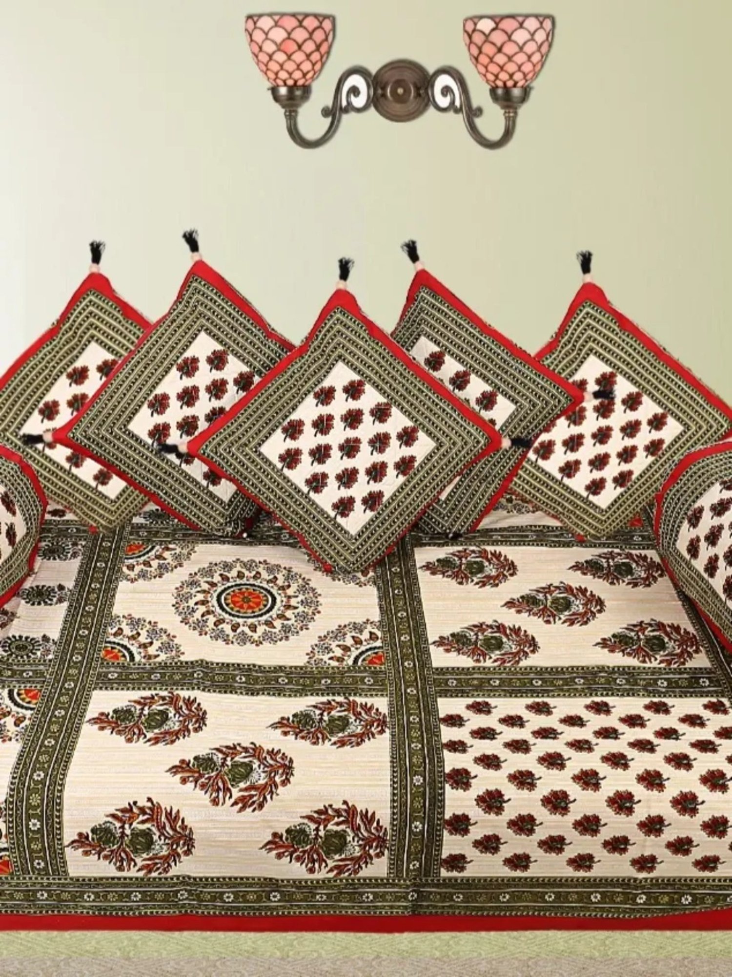 Living Roots Printed Grey 300 TC Cotton Single Diwan - Set of 8
