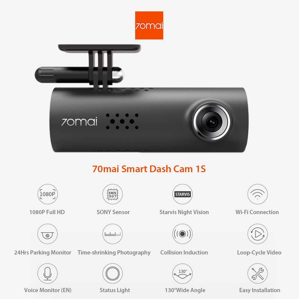 Global Version Xiaomi 70mai Smart Dash Cam 1S Car DVR 1080P HD Night Vision Voice Control WiFi Car Camera Smart Parking Monitor Car Recorder Upgrade Version