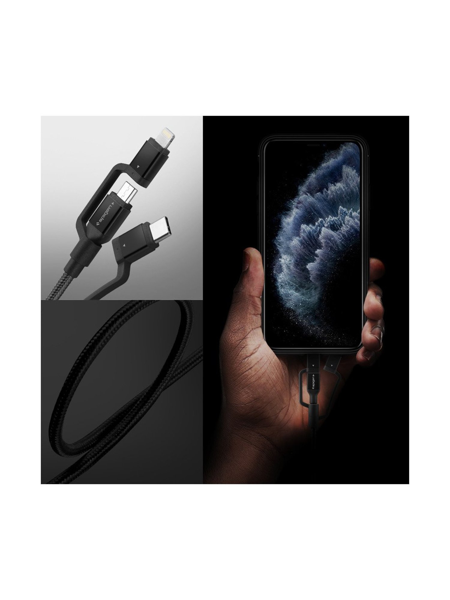 Spigen C10i3 DuraSync 3 in 1 Universal Charger Cable, Micro USB/Lightning/USB C (1.5m)-Black