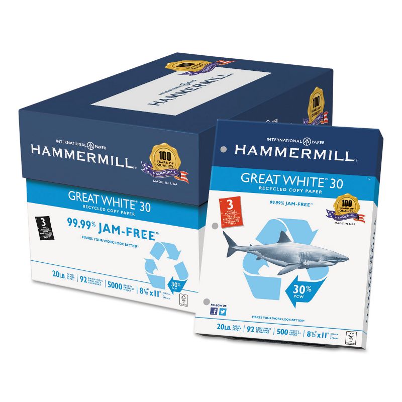 Hammermill Great White Recycled Copy 3-Hole Punched 92 Brightness 20lb Letter 5000/Ctn 86702