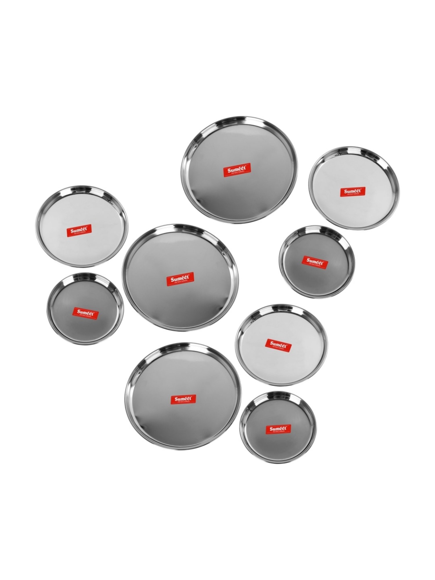 Sumeet S.S. Heavy Gauge Multi Purpose Plates with Mirror Finish Set of 9pc ( Dia-17cm, 22cm,27.5cm)