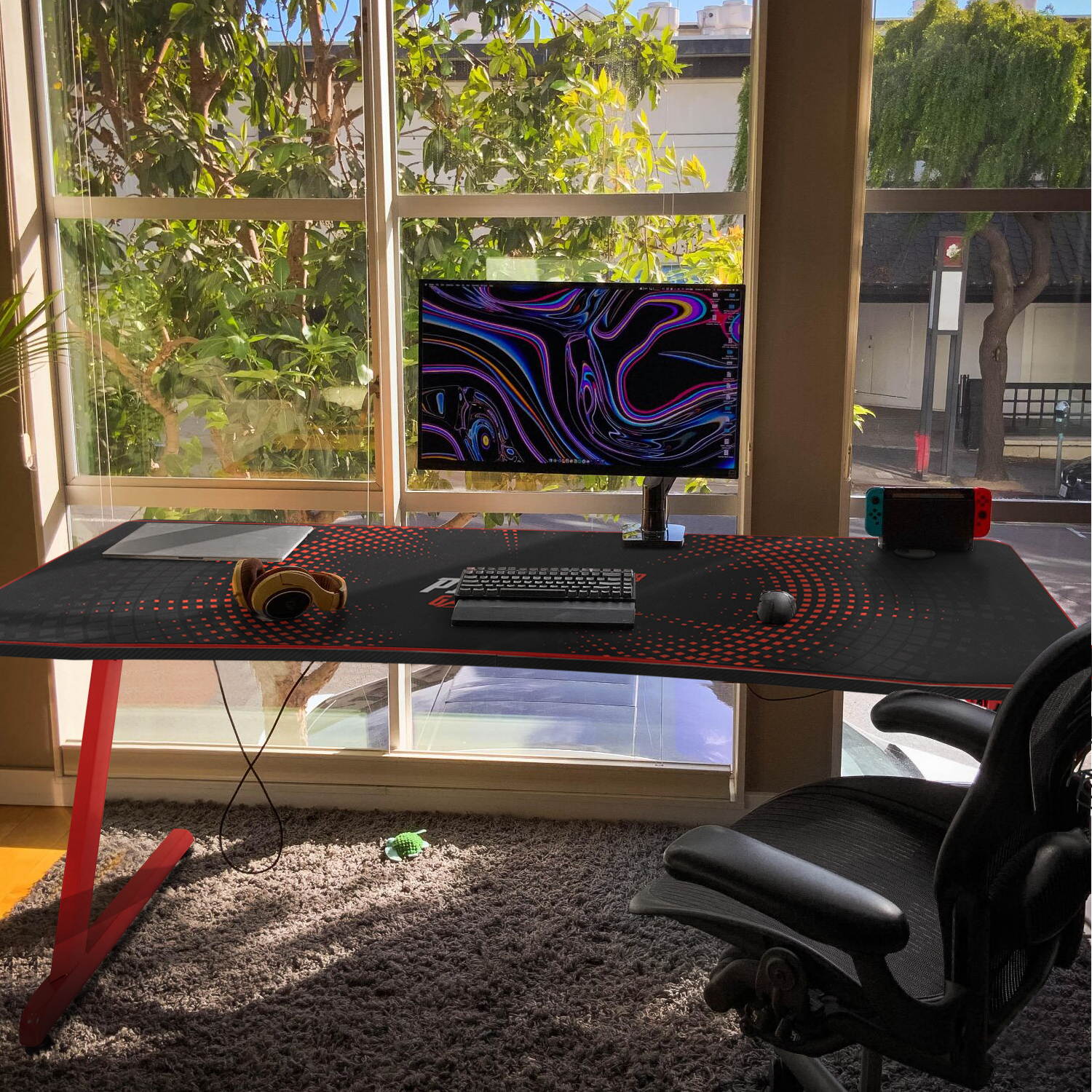 Devoko Gaming Desk 63 Inch Computer Gaming Desk Z-Shaped Pc Gaming Desk with Carben Fiber Surface Gamer Desk with Free Mouse Pad Home Office Desk with Cup Holder and Headphone Hook (Red)