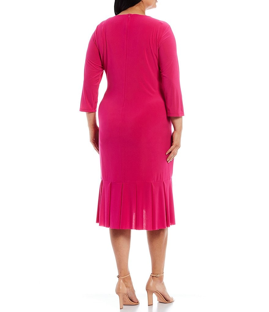 Marina Plus Size V-Neck 3/4 Sleeve Cascade Ruffle Faux Wrap Dress