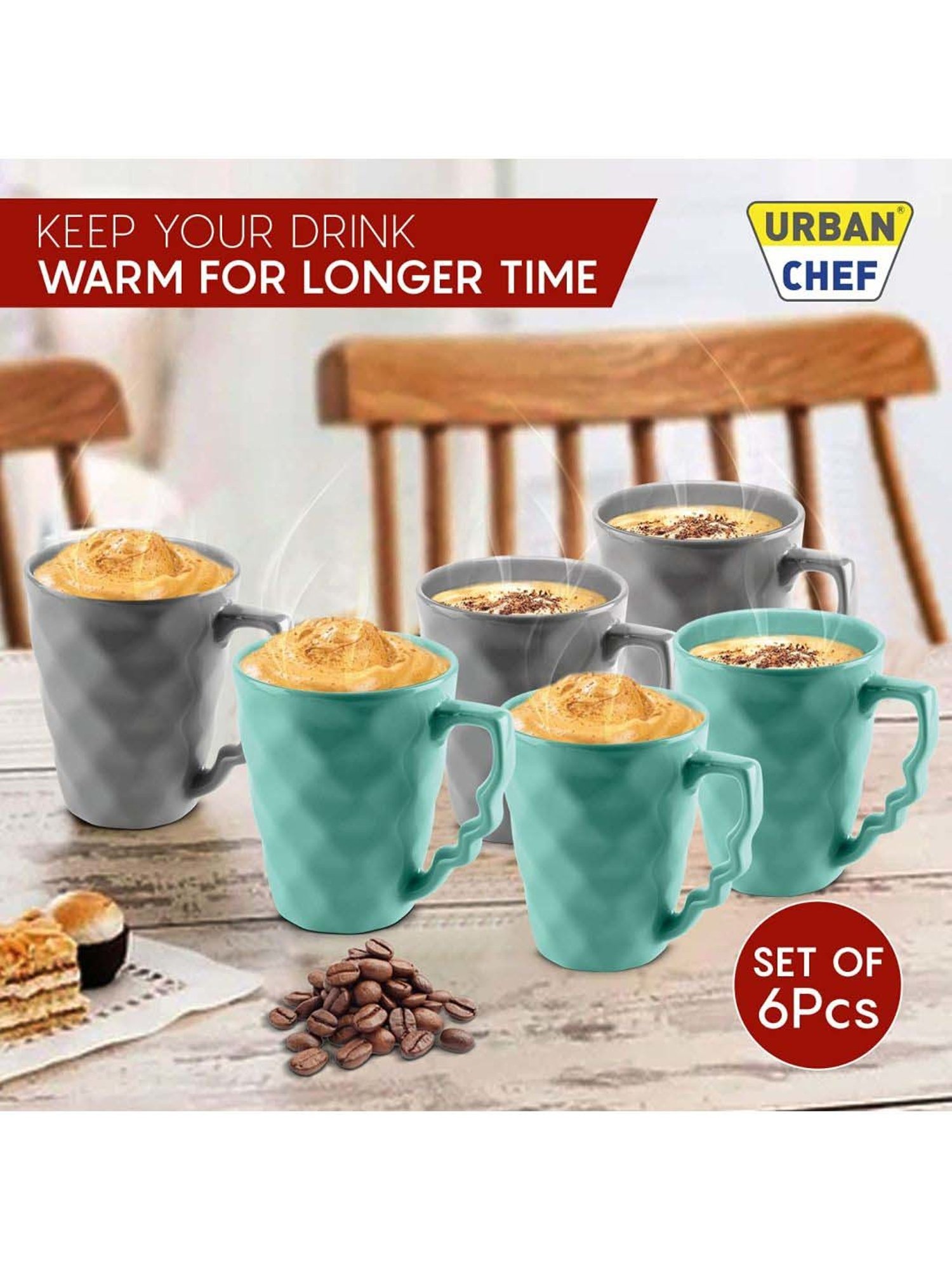 Urban Chef Grey & Blue Ceramic Microwave Safe Coffee Mug (0.225 L) - Set of 6