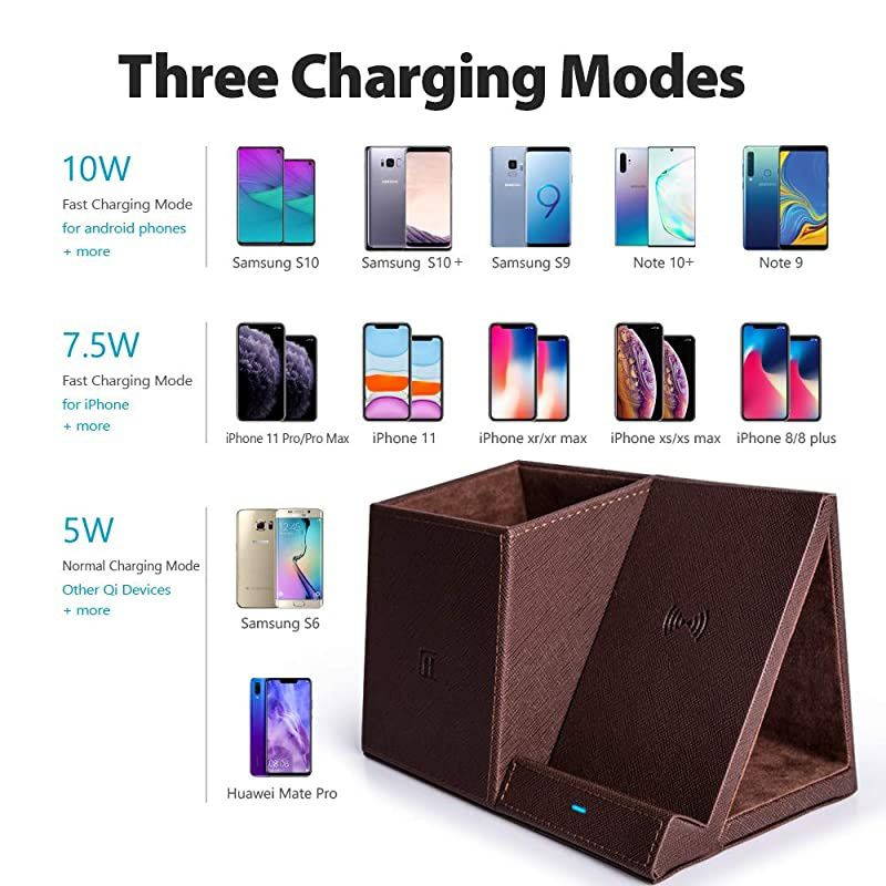 10W Fast Wireless Charger Pencil Pen Holder Desk Stand Organizer,Compatible iPhone SE/11/11 Pro/11 Pro Max/XS/XS Max/XR/X/8 Plus,Samsung Galaxy S20 S10 S9 S8 S7 Edge Note 10+/9/8 Brown