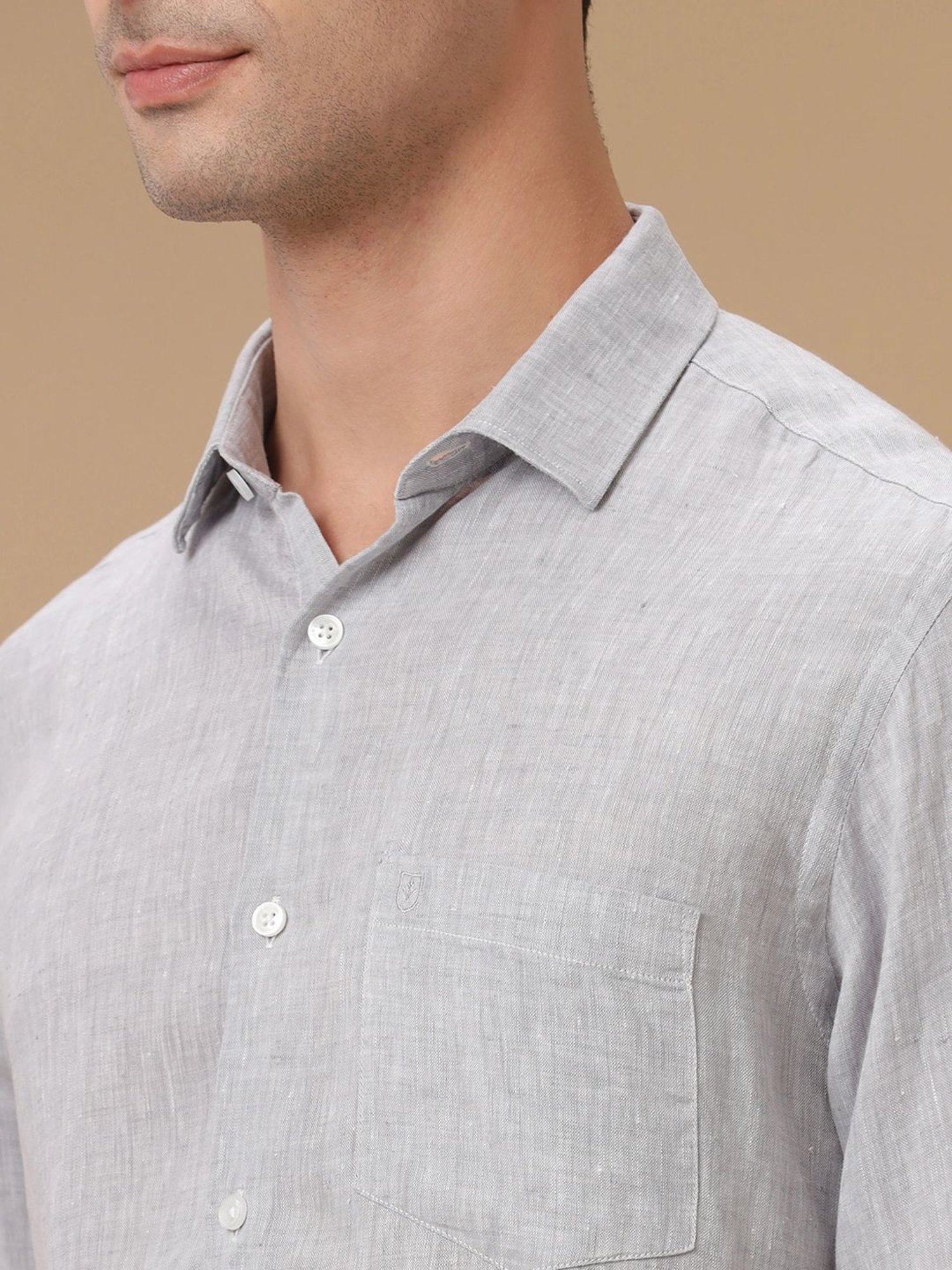 Linen Club Grey Linen Contemporary Fit Texture Shirt