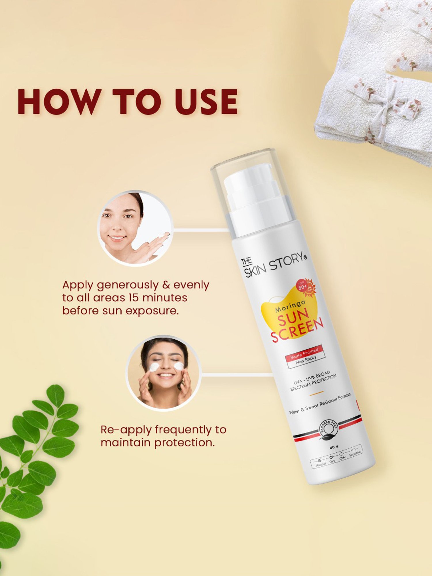 The Skin Story Moringa Water & Sweat Resistant Formula Sunscreen SPF 50 - 40 gm