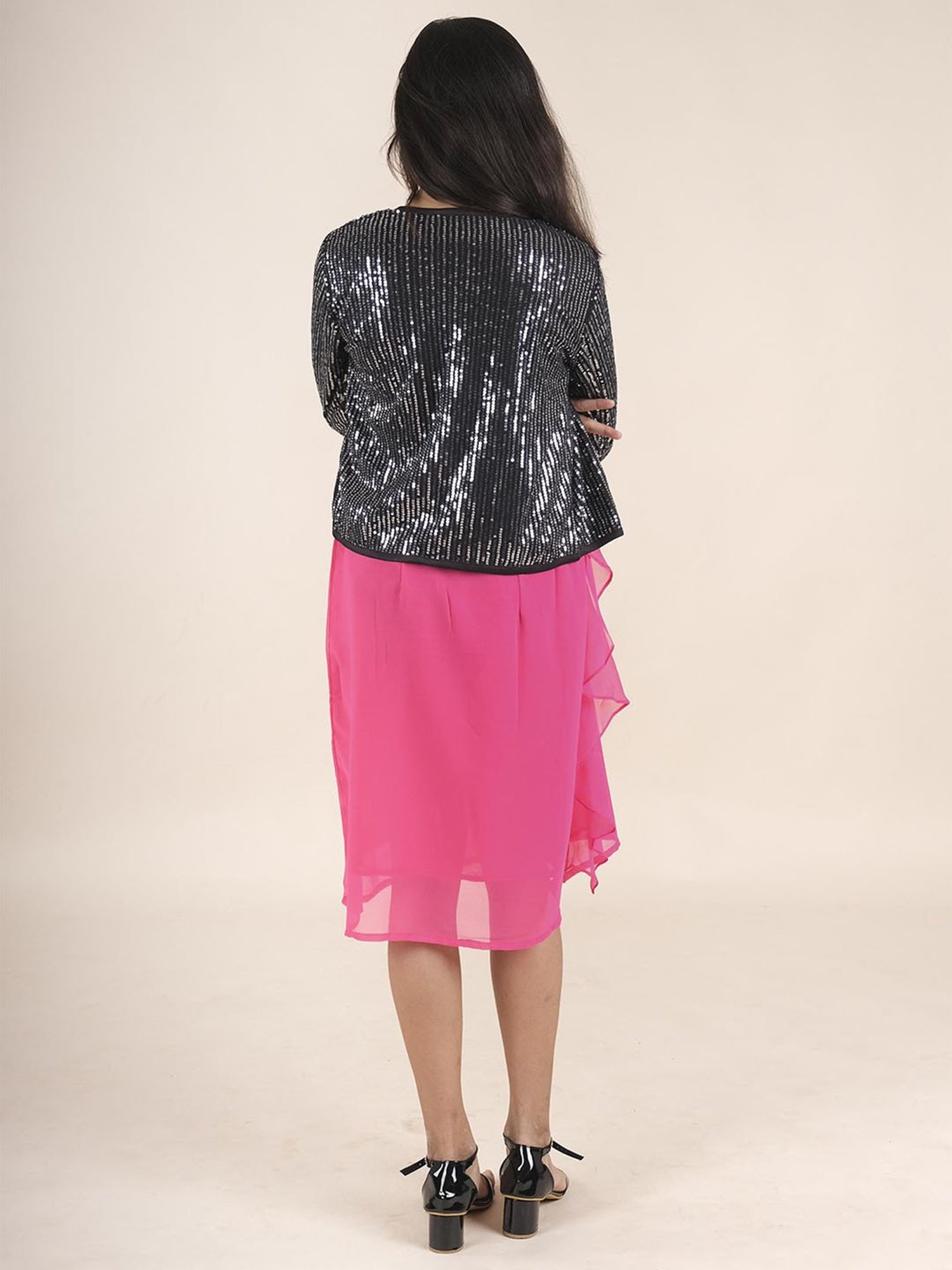 Kiddopanti Kids Georgette Halter Neck Ruffle Dress with Sequence Jacket