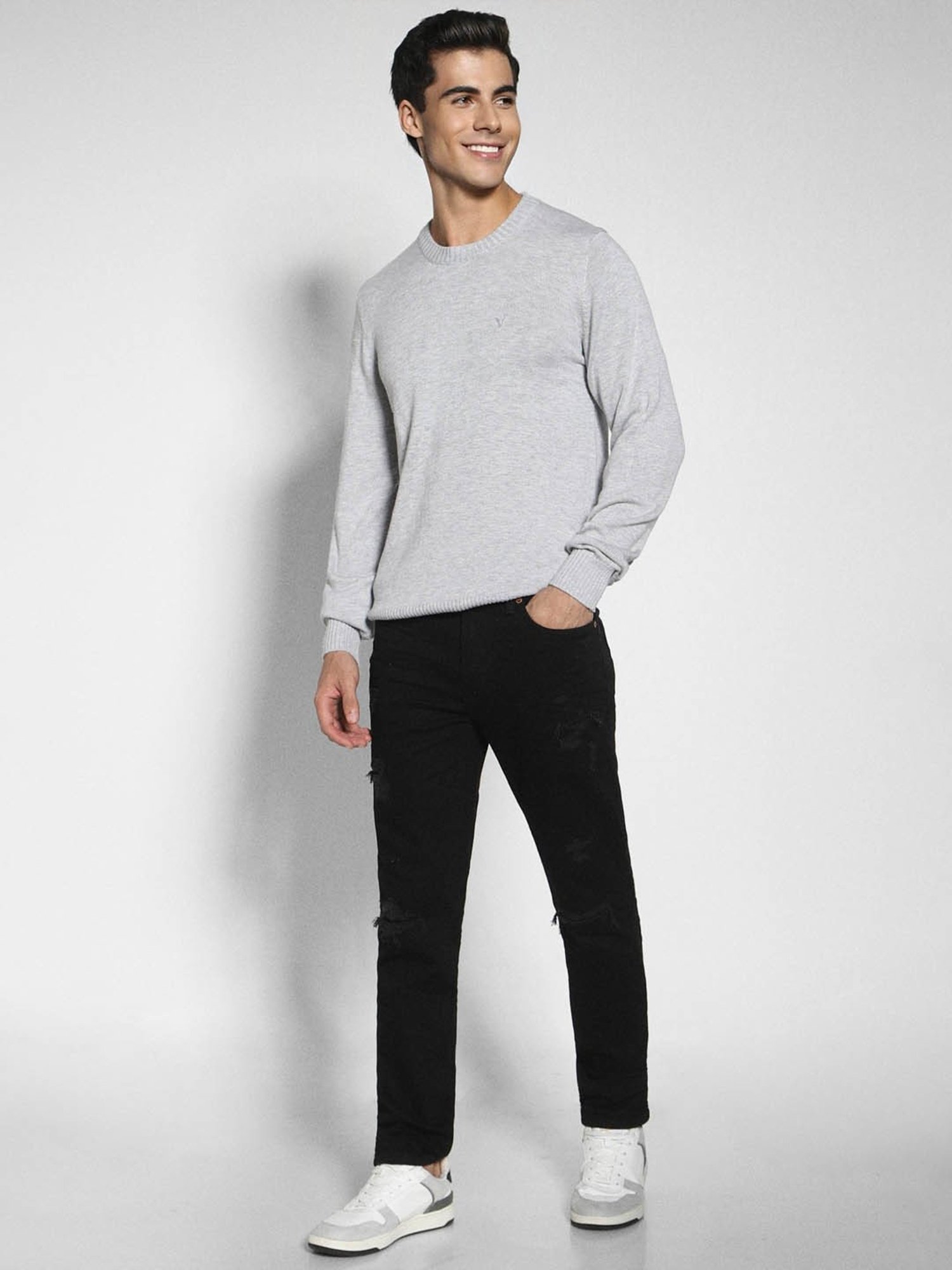 American Eagle Grey Regular Fit Self Pattern Sweater