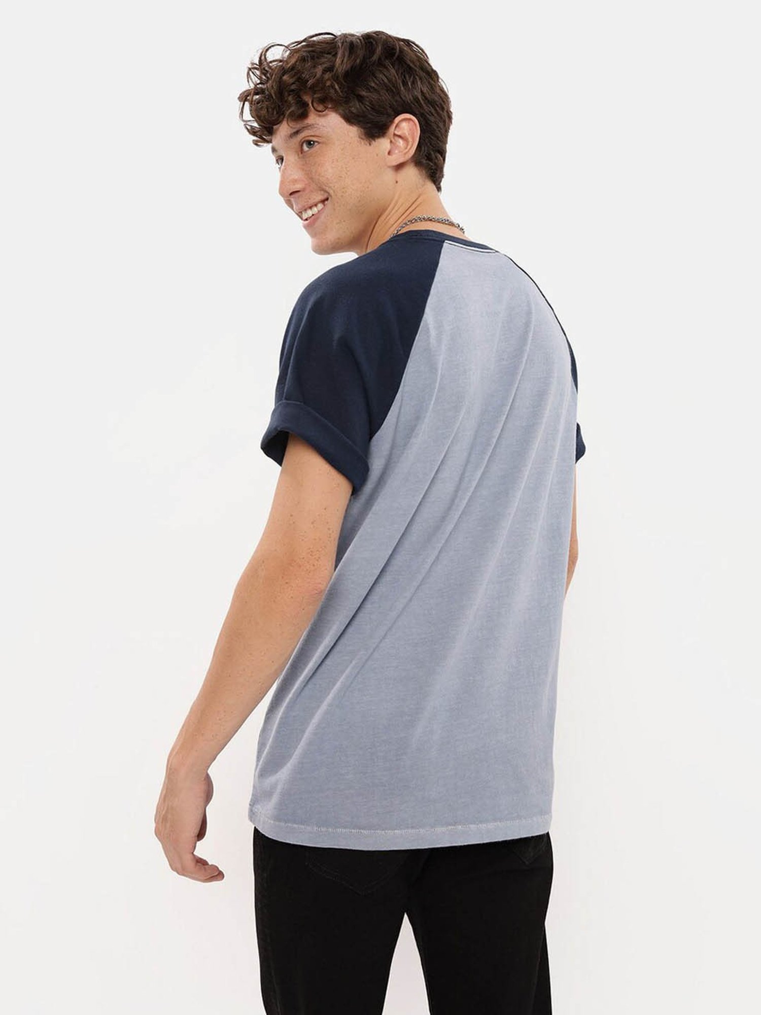 American Eagle Grey Cotton Regular Fit Colour Block T-Shirt