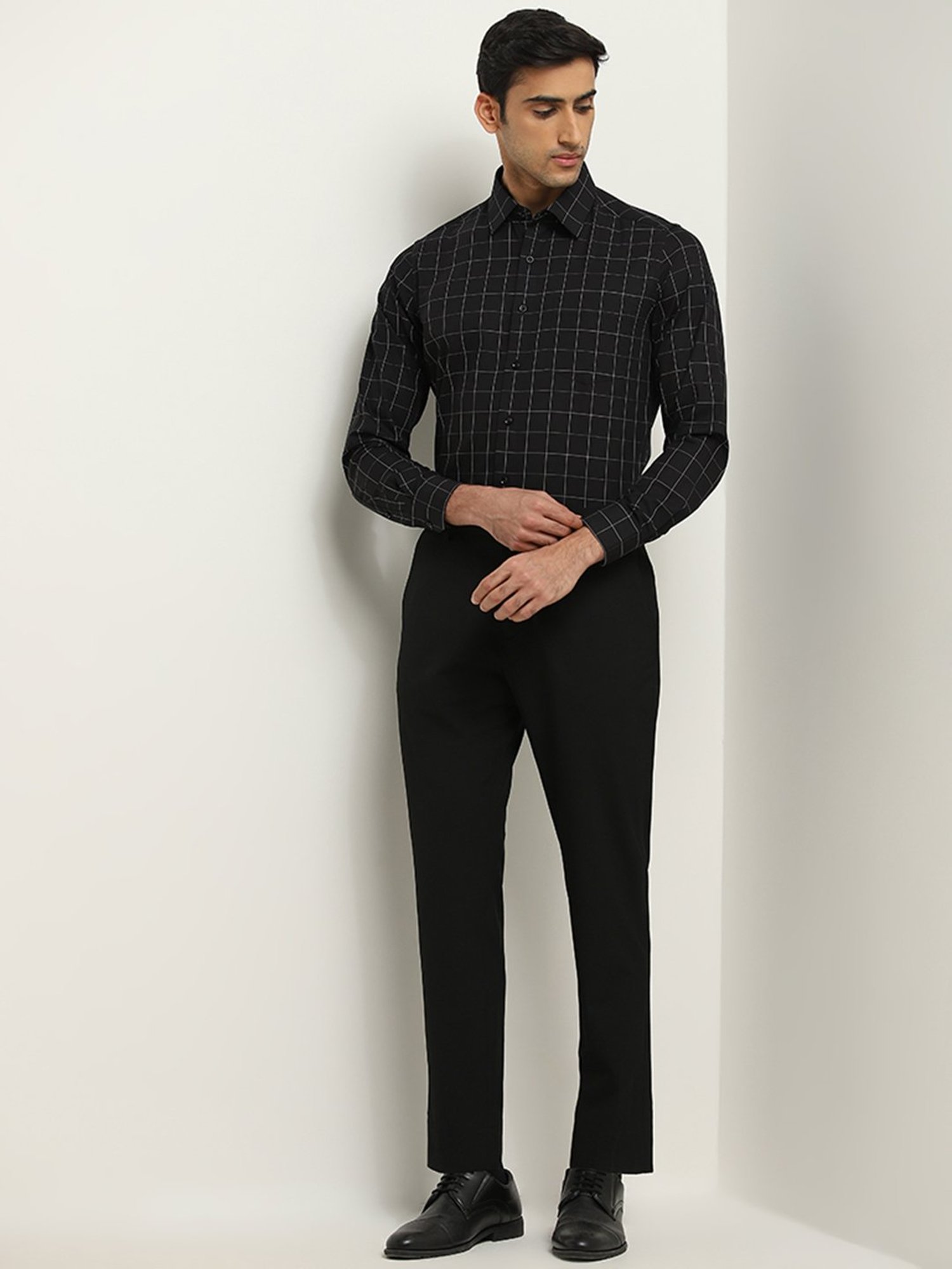 WES Formals by Westside Black Checks Printed Slim-Fit Shirt