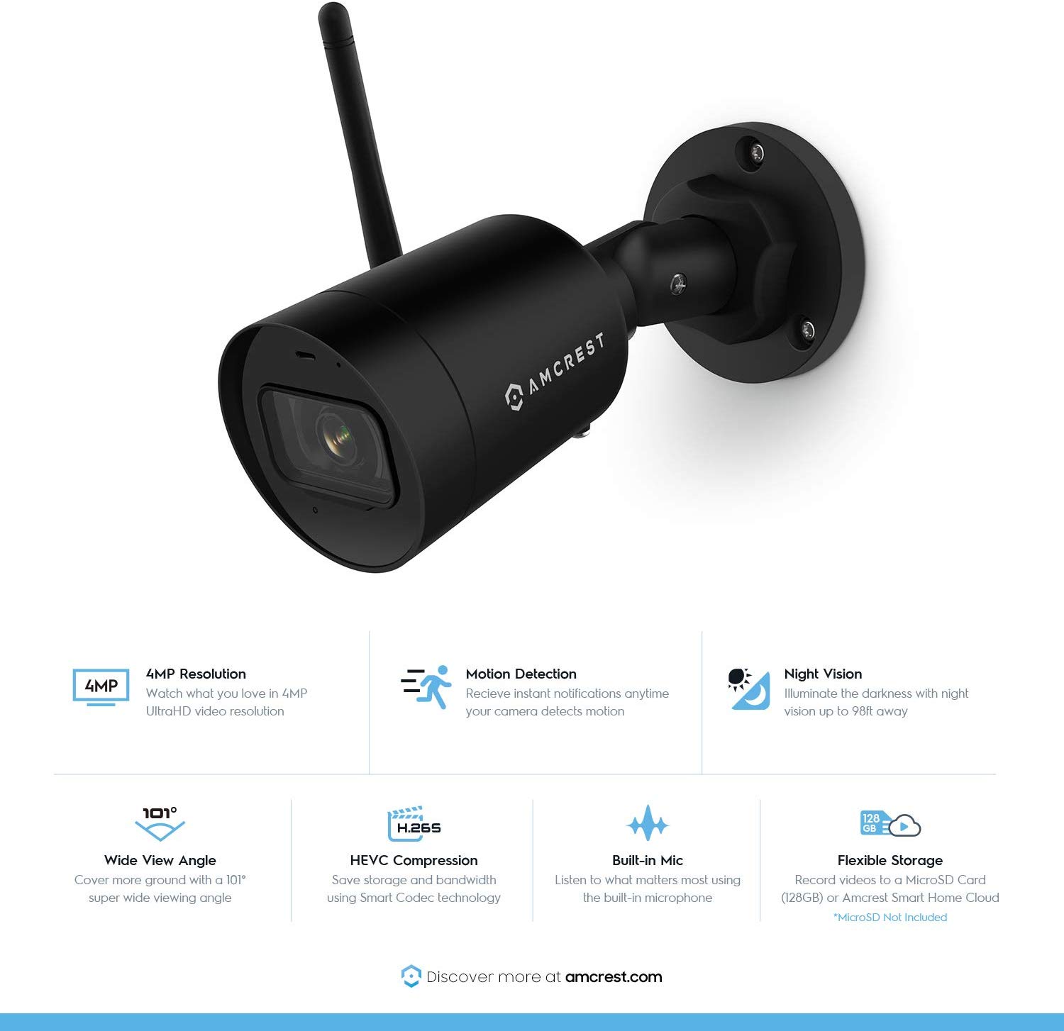 Amcrest SmartHome 4MP Outdoor WiFi Camera Bullet 4MP Outdoor Security Camera, 98ft Night Vision, Built-in Mic, 101&deg; FOV, 2.8mm Lens, MicroSD Storage, ASH42-B (Black)