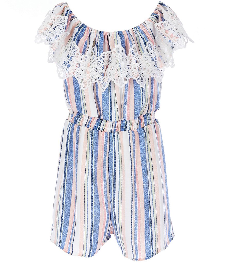 I.N. Girl Big Girls 7-16 Lace-Trim Striped Linen Romper