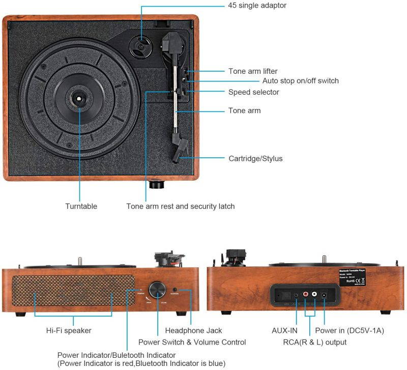 Bluetooth Record Player Belt-Driven 3-Speed Turntable, Vintage Vinyl Record Players Built-in Stereo Speakers, with Headphone Jack/ Aux Input/ RCA Line Out