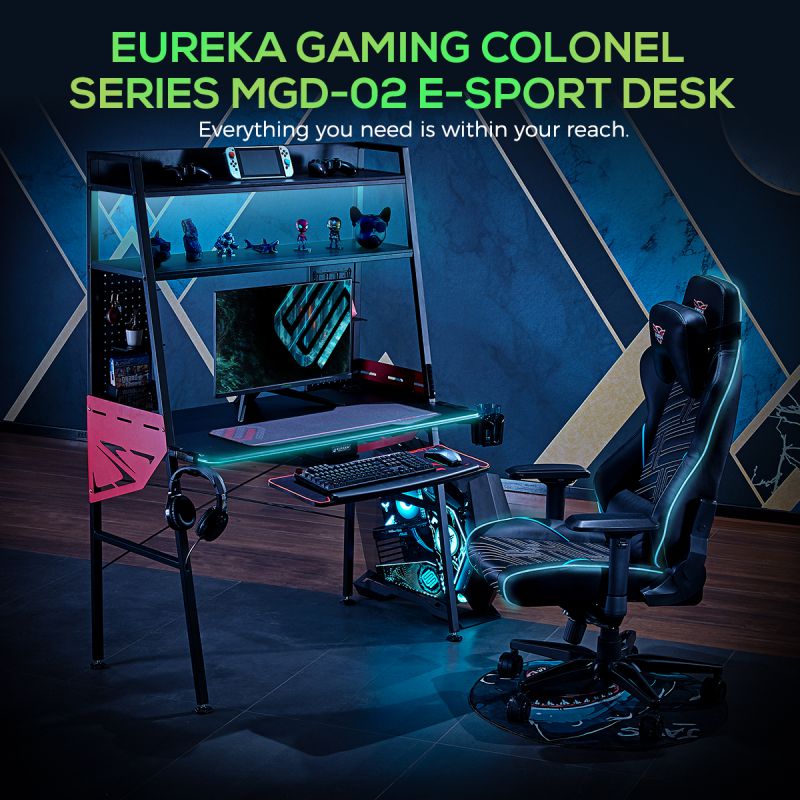 Eureka Ergonomic Colonel Series MGD-02 E-sport Gaming Desk with RGB Fiber Optic Lighting - All Within Your Reach